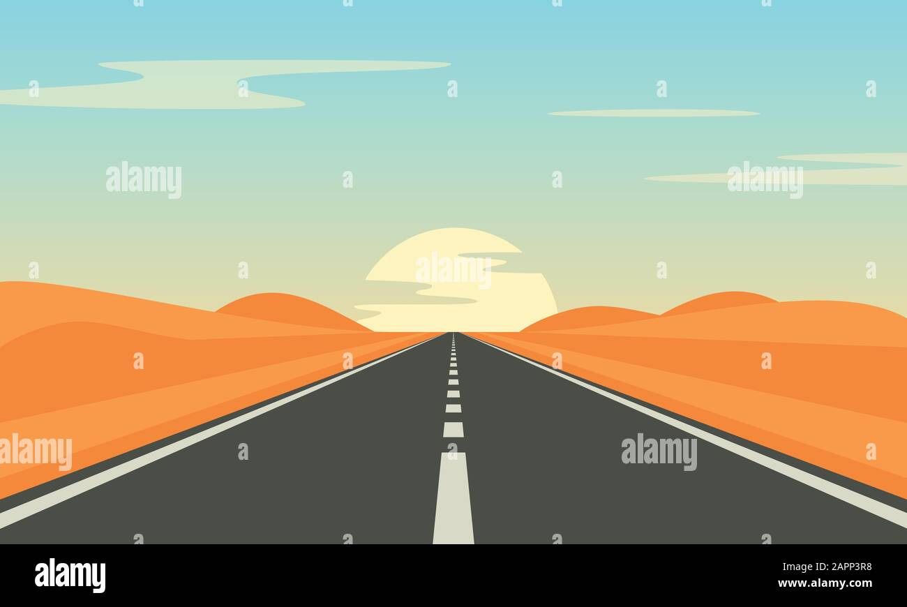 Camino en el desierto. Carretera asfaltada con las marcas en el campo. Ilustración del Vector