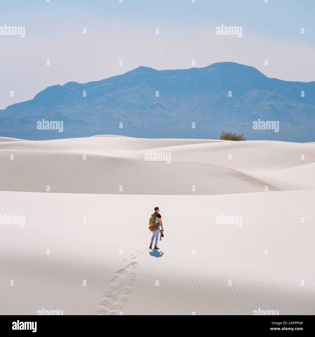 Excursionista Cruzando El Monumento Nacional White Sands, Nuevo México, Estados Unidos Foto de stock