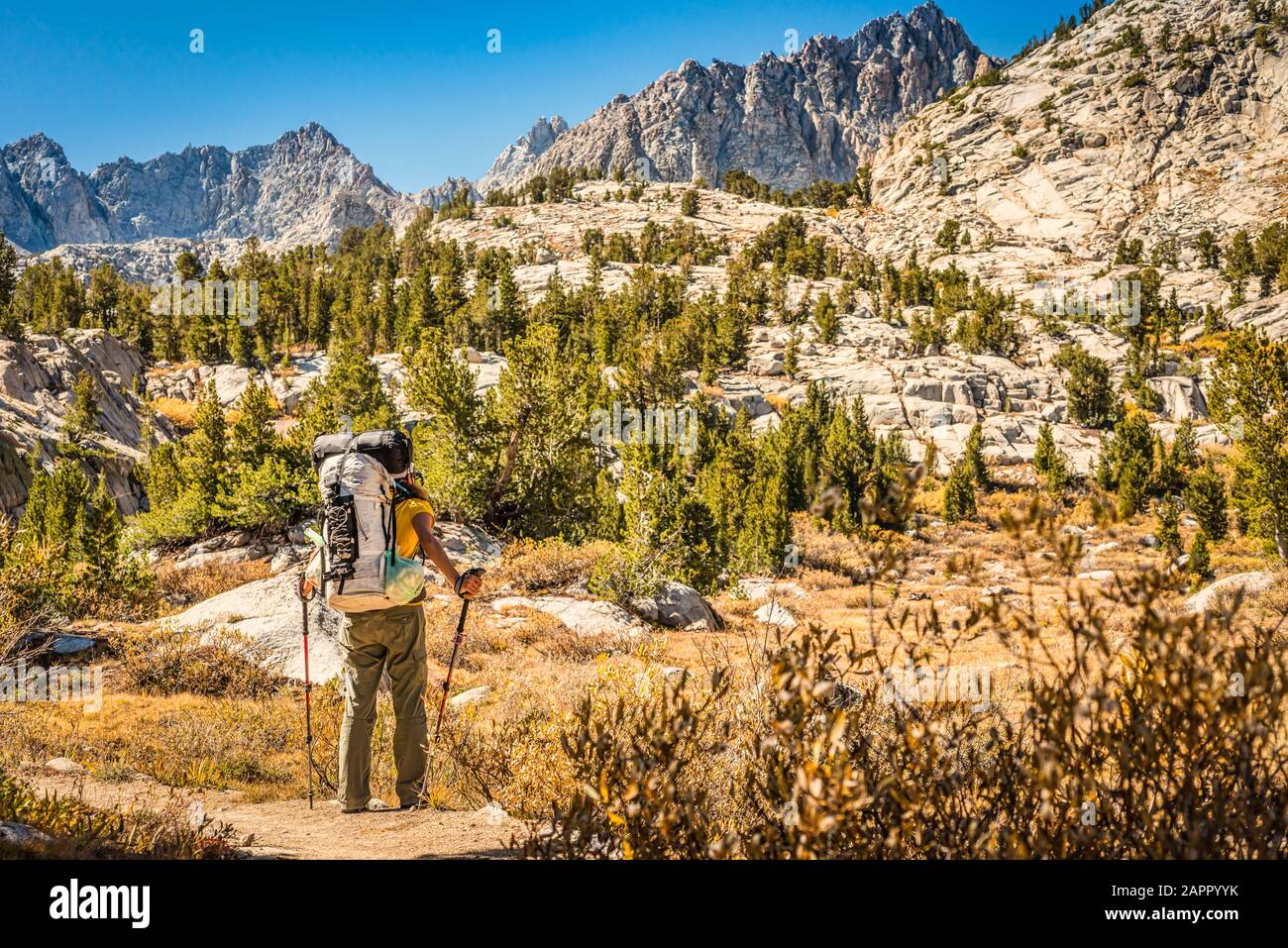 Un mochilero solo se detiene para disfrutar de los hermosos picos montañosos cerca del Lago Pee Wee en el John Muir Wilderness, CA. Foto de stock