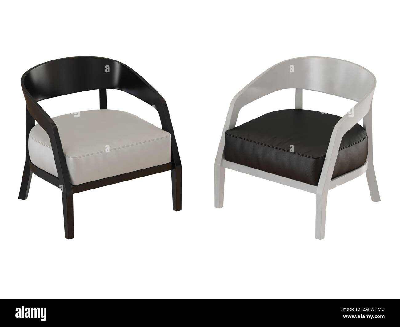 Dos sillones de cuero y madera sobre un fondo blanco en 3D Fotografía