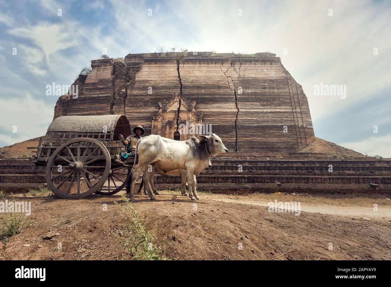 El hombre rural birmana conduce carro de madera con vida de pueblo tradicional en Birmania campo Foto de stock