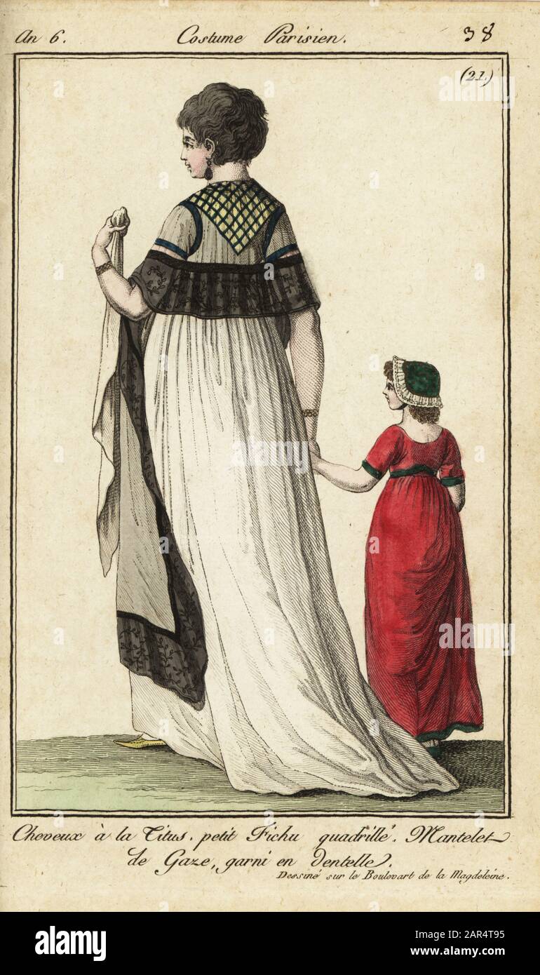 Mujer en peinado corto conocido como La Víctima o Tito, 1798. Mujer en el  cabello estilo Titus, pequeño pañuelo de cuadros. Su manto de gasa de  seetravel está bordeado de encaje. Chica