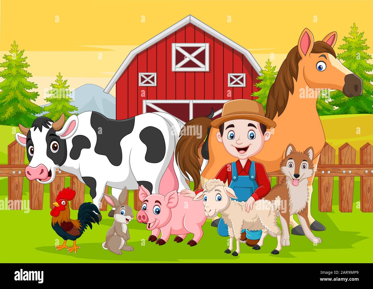 El agricultor de dibujos animados y los animales de granja en el corral  Imagen Vector de stock - Alamy