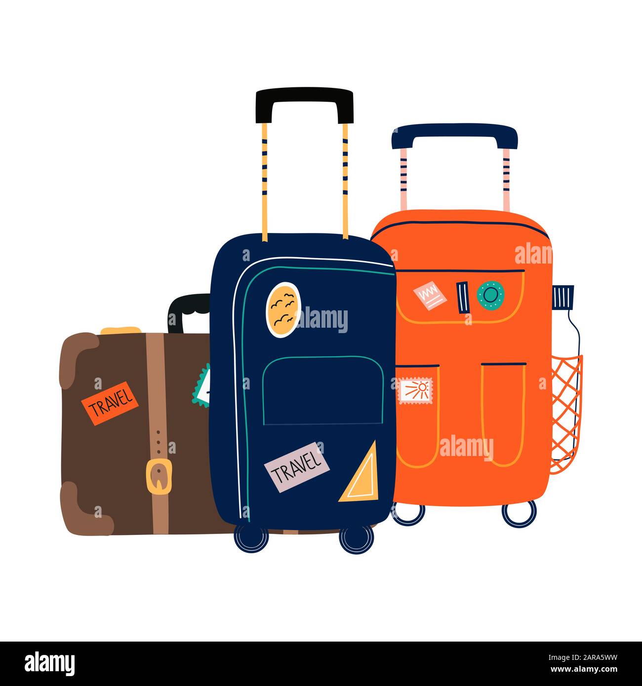 Maletas de viaje. mochilas, bolsas, maleta plástica o abierta con ruedas.  equipaje turístico de dibujos animados con etiqueta. conjunto de vector de  equipaje de mano. equipaje y equipaje para viajar, maleta y