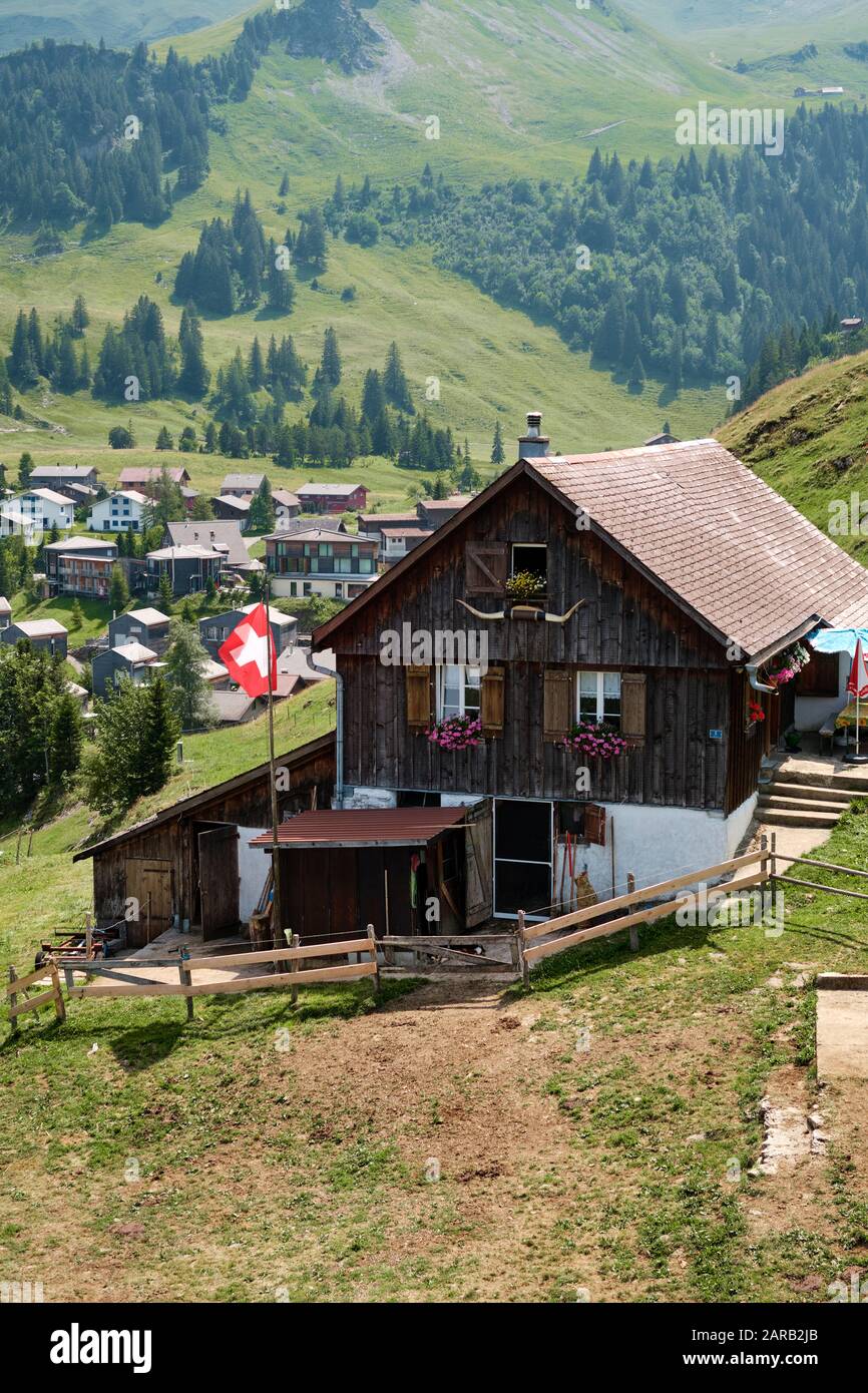 Una granja típica y tierras de cultivo paisaje de montaña de Stoos, Morschach, Schwyz, Suiza UE - Alpes suizos paisaje de montaña de verano Foto de stock