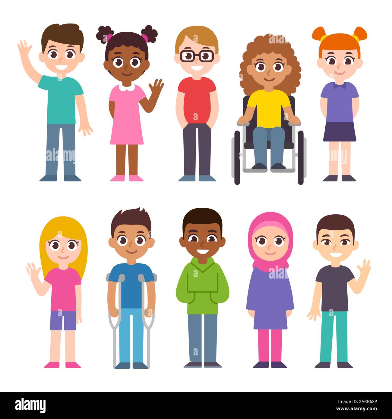 Lindo grupo de dibujos animados de niños. Conjunto de ilustraciones de  imágenes prediseñadas de diversidad e inclusión. Niños de diferentes  culturas y color de piel, niños discapacitados Imagen Vector de stock -