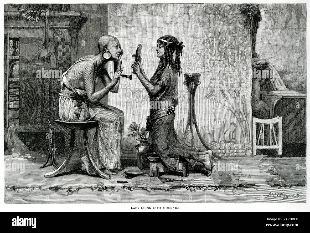 Una señora aristocrática del antiguo Egipto se prepara para ir a llorar por la muerte de su gato Fecha: BC Foto de stock