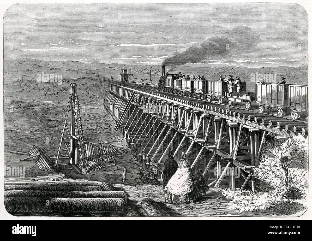 FERROCARRIL de Odessa-BALTA el enlace ferroviario se abre entre estas dos ciudades, a una distancia de 180 km. El primer tren se desmonta a través de un puente de madera Fecha: 1866 Foto de stock