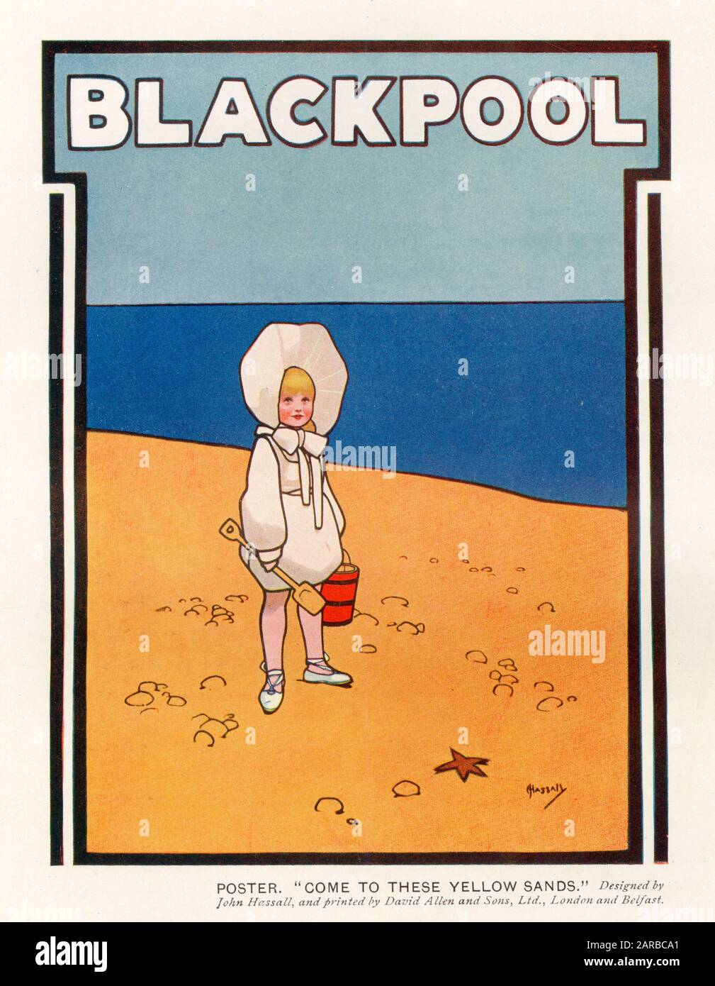 Un cartel que promueve Blackpool, pero omitiendo cualquiera de sus atracciones y mostrando en lugar un solo niño en una playa desierta. Entonces, ¿por qué ir allí? Fecha: Principios del siglo XX Foto de stock