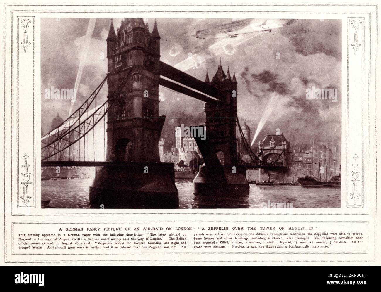 El dibujo apareció en un periódico alemán mostrando el último ataque aéreo zeppelin alemán sobre Tower Bridge, Londres, durante la noche. Fecha: 17 De Agosto De 1915 Foto de stock