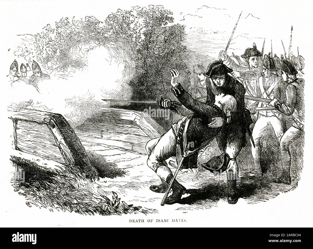 Isaac Davis es baleado y asesinado en Old North Bridge durante la batalla de Concord y fue el primer oficial estadounidense que murió durante la Guerra de Independencia Americana el 19 de abril de 1775 Fecha: 1775 Foto de stock