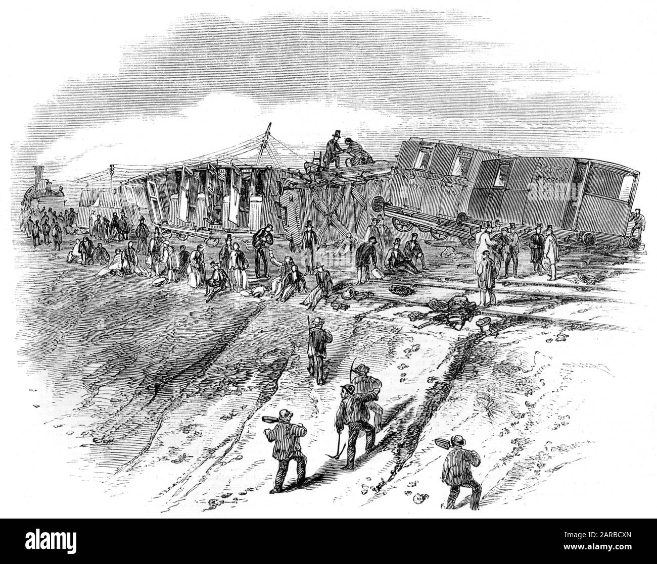 Un accidente ferroviario justo al norte de Watford, en el ferrocarril noroeste. Afortunadamente en esta ocasión no hubo pérdida de vidas. Fecha: 1858 Foto de stock
