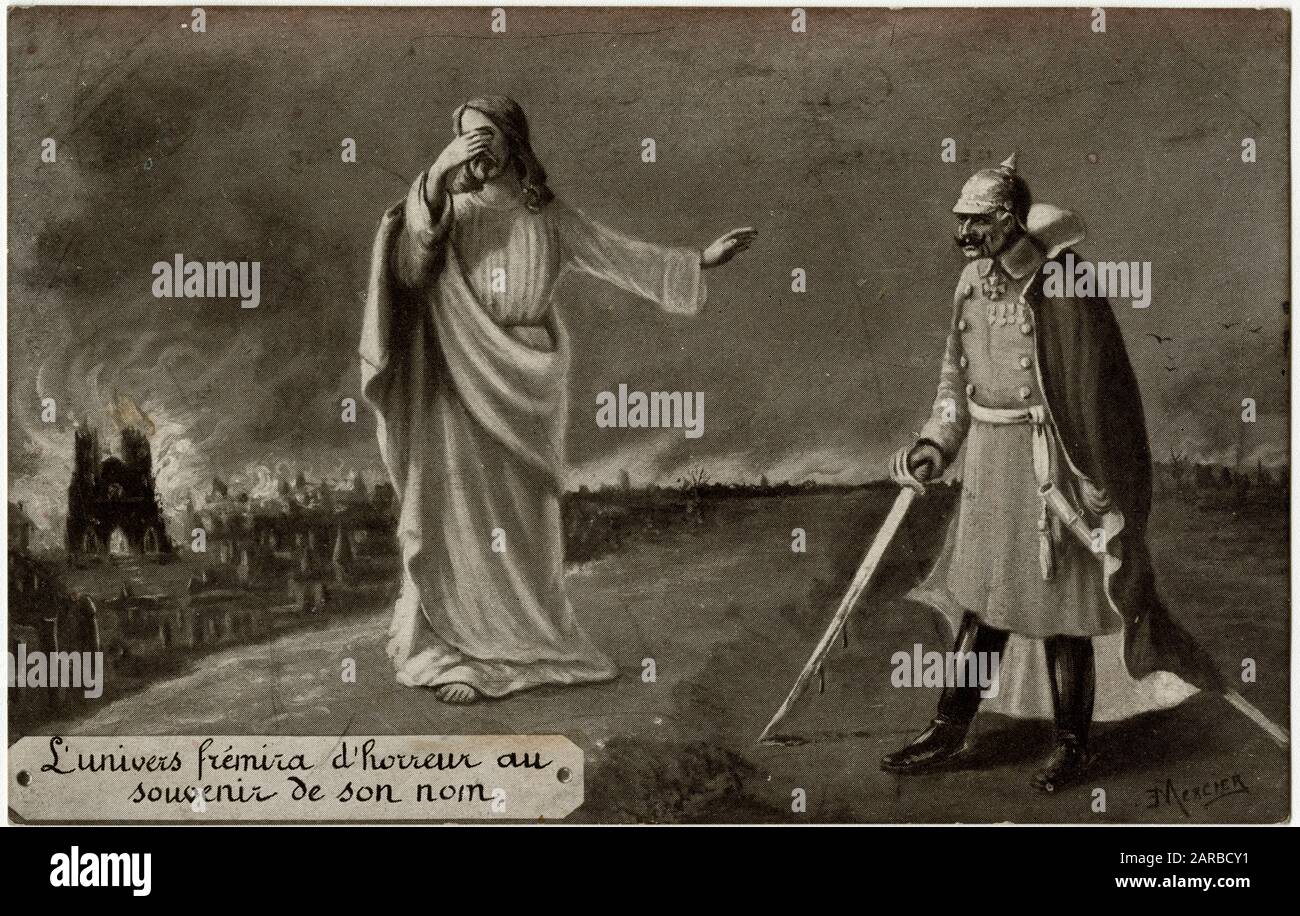 WW1 - postal De Propaganda - Jesucristo al Kaiser Wilhelm II: 'El mundo está lleno de horror incluso por la mención de su nombre' ! Fecha: Alrededor de 1910s Foto de stock