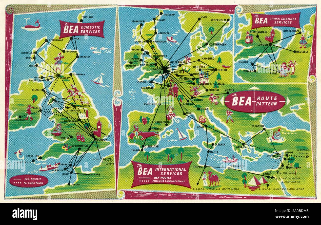 Postal promocional para BEA - Servicios Y rutas Nacionales, intercanales e internacionales. Fecha: 1947 Foto de stock