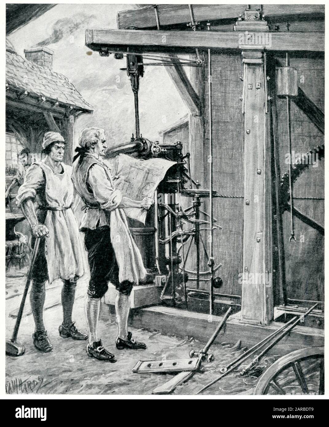 James Watt, ingeniero escocés, trabajando en la máquina de vapor. Foto de stock