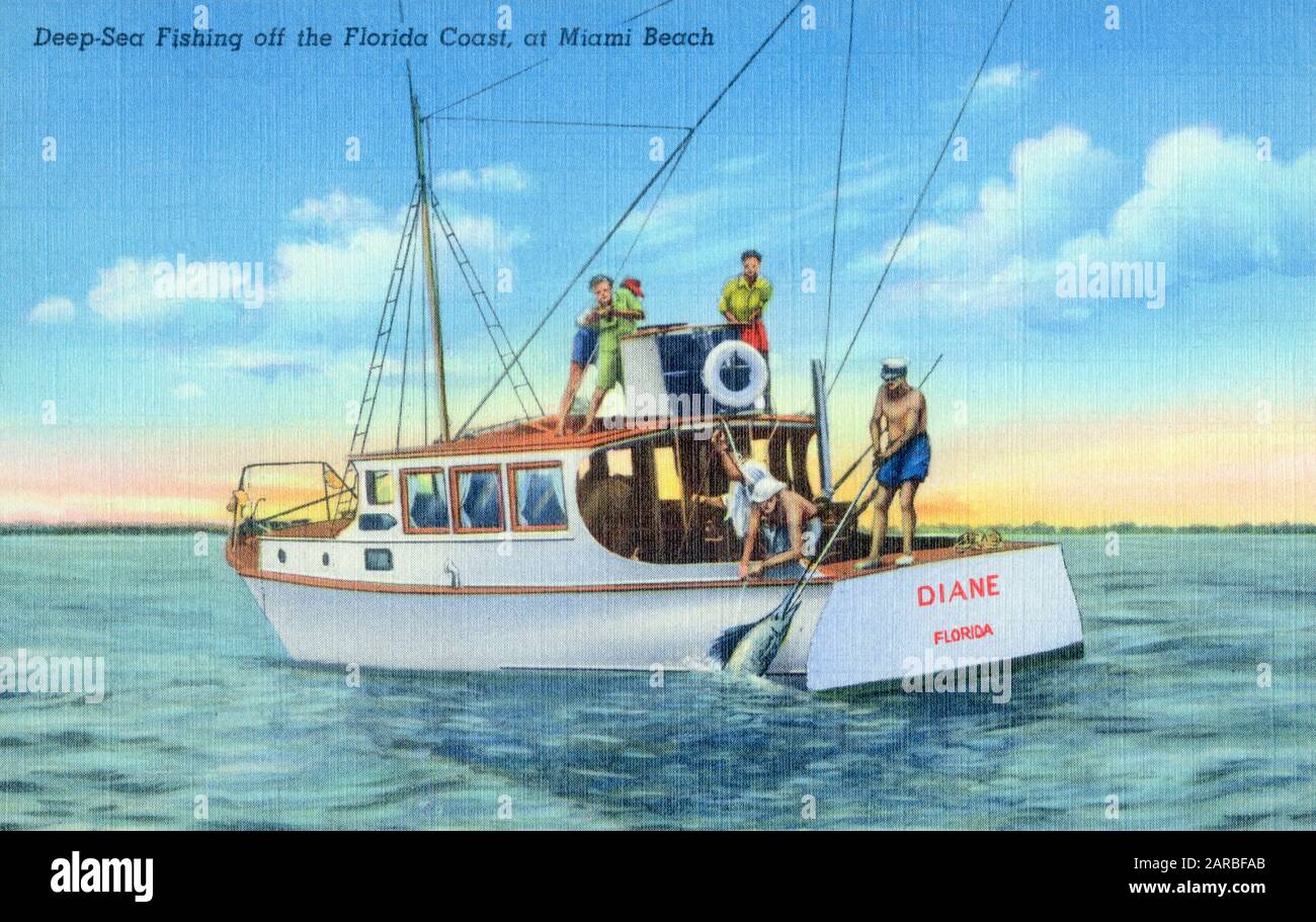 Pesca en alta mar (capturando una aguja azul) en la costa de Florida en Miami Beach, Estados Unidos. Fecha: 1940 Foto de stock