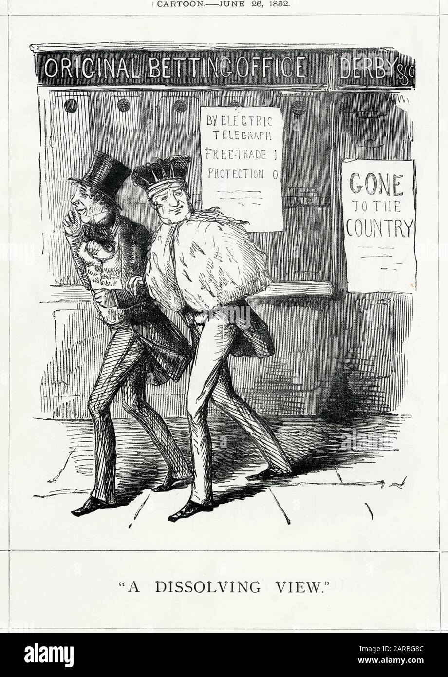 Cartoon, una visión De Disolución -- Benjamin Disraeli y Lord Derby ganan la elección general, aunque sólo por una mayoría delgada. Los resultados electorales indicaron un claro apoyo al libre comercio como contra El Proteccionismo (el último favorecido por Derby). Fecha: 1852 Foto de stock