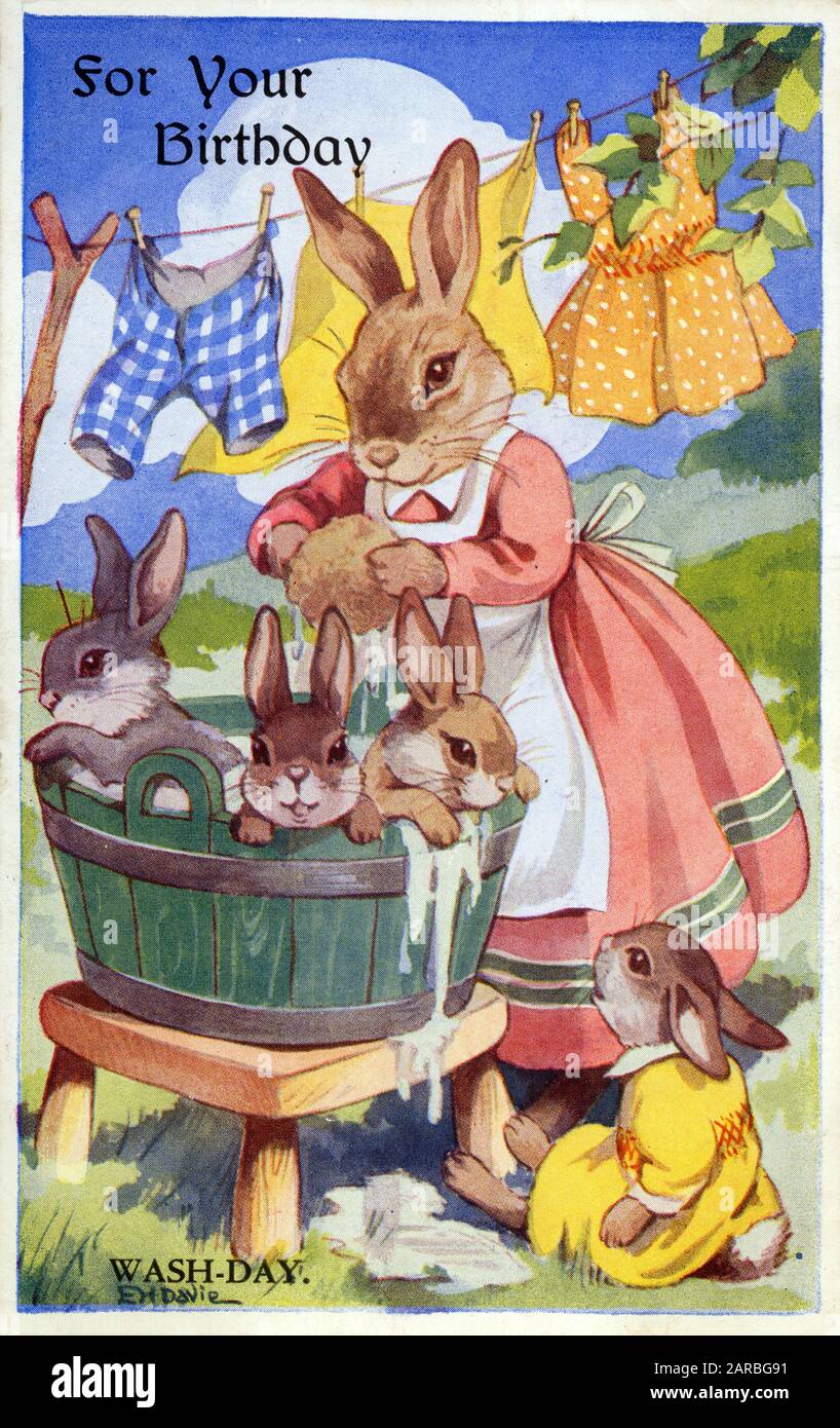 Conejos' Wash-Day - Cumpleaños Saludos Postal Fecha: 1944 Foto de stock