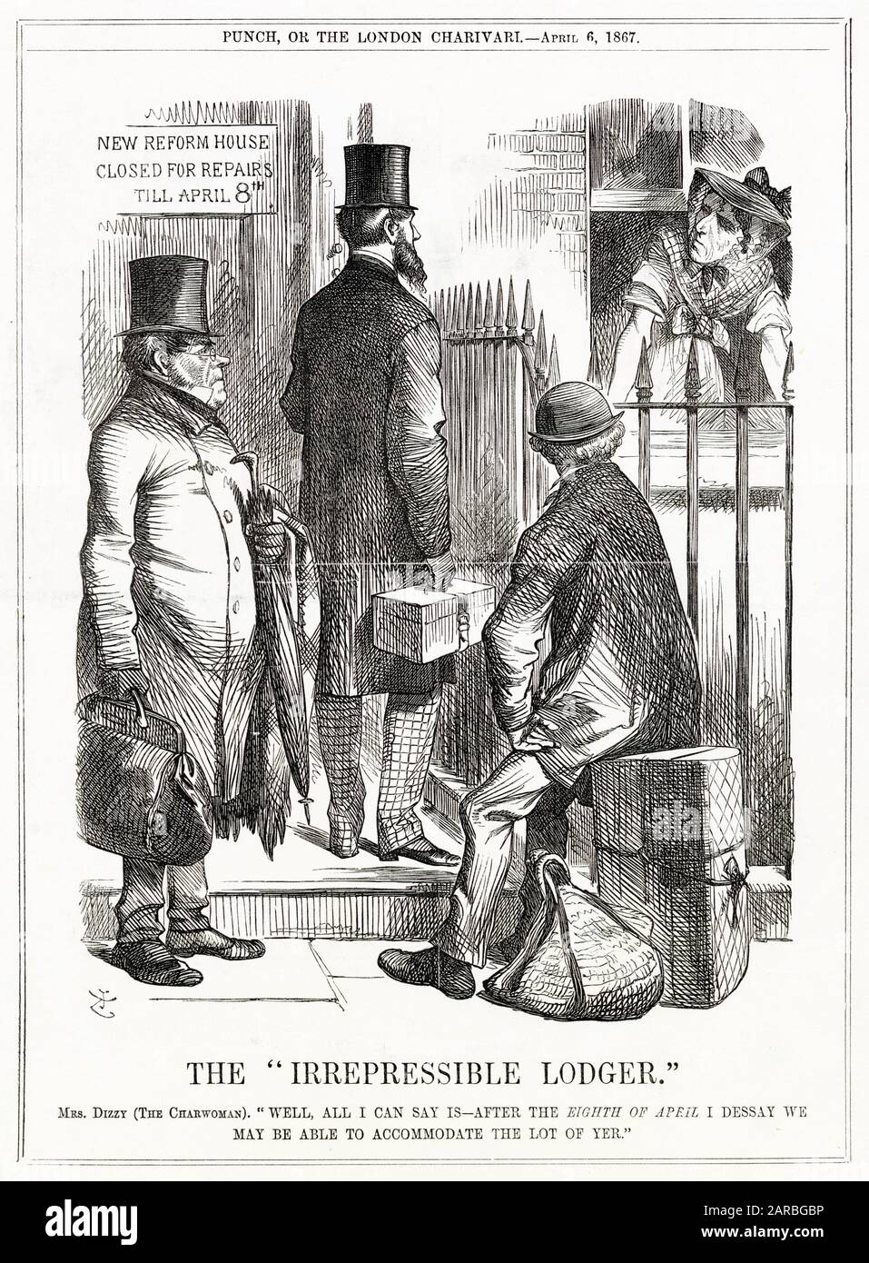 Cartoon, el Lodger Irreprimible -- un comentario satírico sobre el acuerdo de Disraeli para incluir a los huéspedes en su proyecto de Ley de Reforma, declarándose a sí mismo el Padre de la Franquise de Lodger. Él es visto aquí como una charwoman, hablando a través de una ventana a tres lodgers prospectivos. Fecha: 1867 Foto de stock