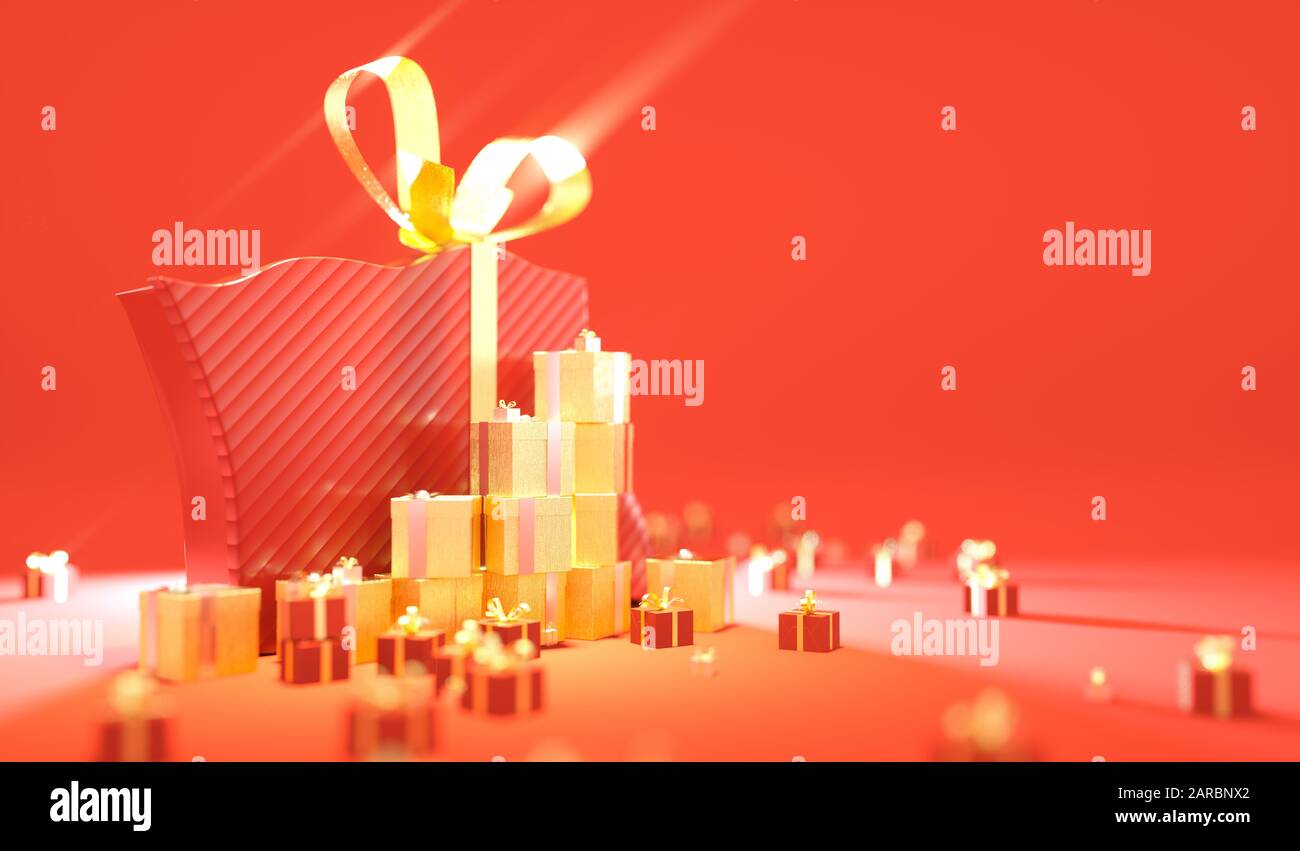 Imagen en 3D de cumpleaños y Navidad de negocios con un fondo de bienvenida con regalos Foto de stock