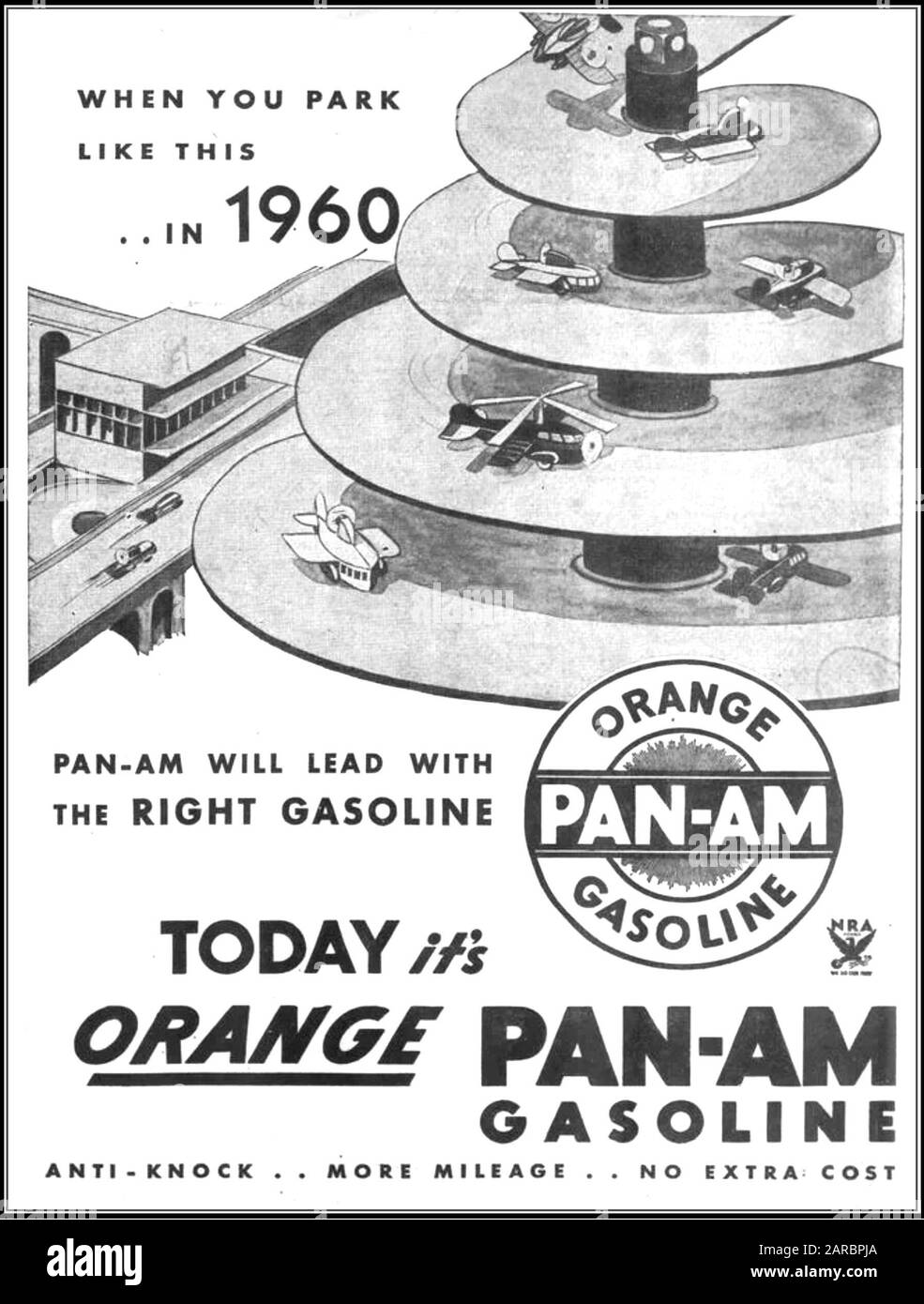 ANUNCIO de GASOLINA pan-AM a mediados de la década de 1930, inspirado en el trabajo de Norman Bel Geddes Foto de stock