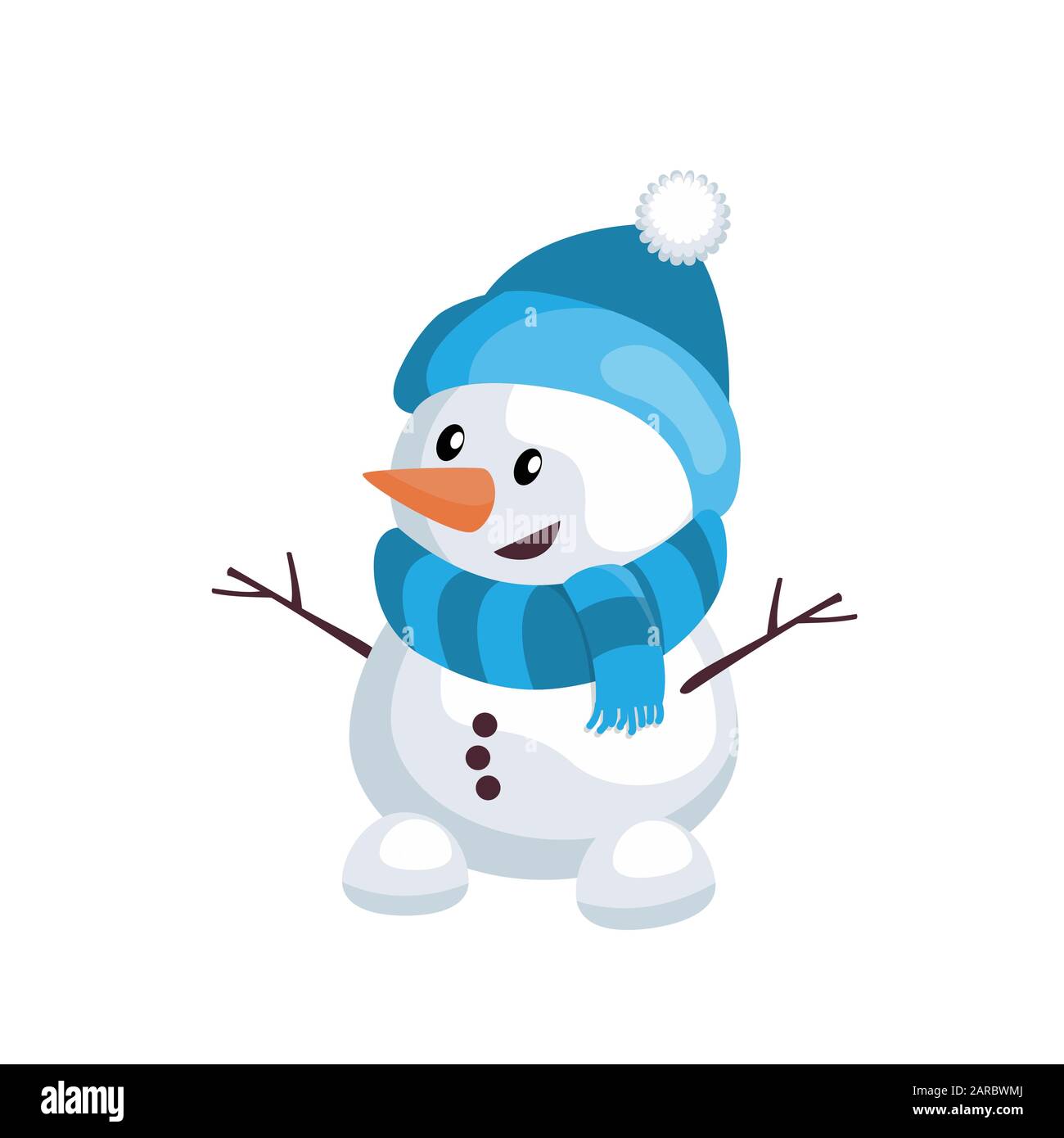 Pequeño muñeco de nieve en gorro y bufanda azul, linda ilustración  vectorial de dibujos animados Imagen Vector de stock - Alamy