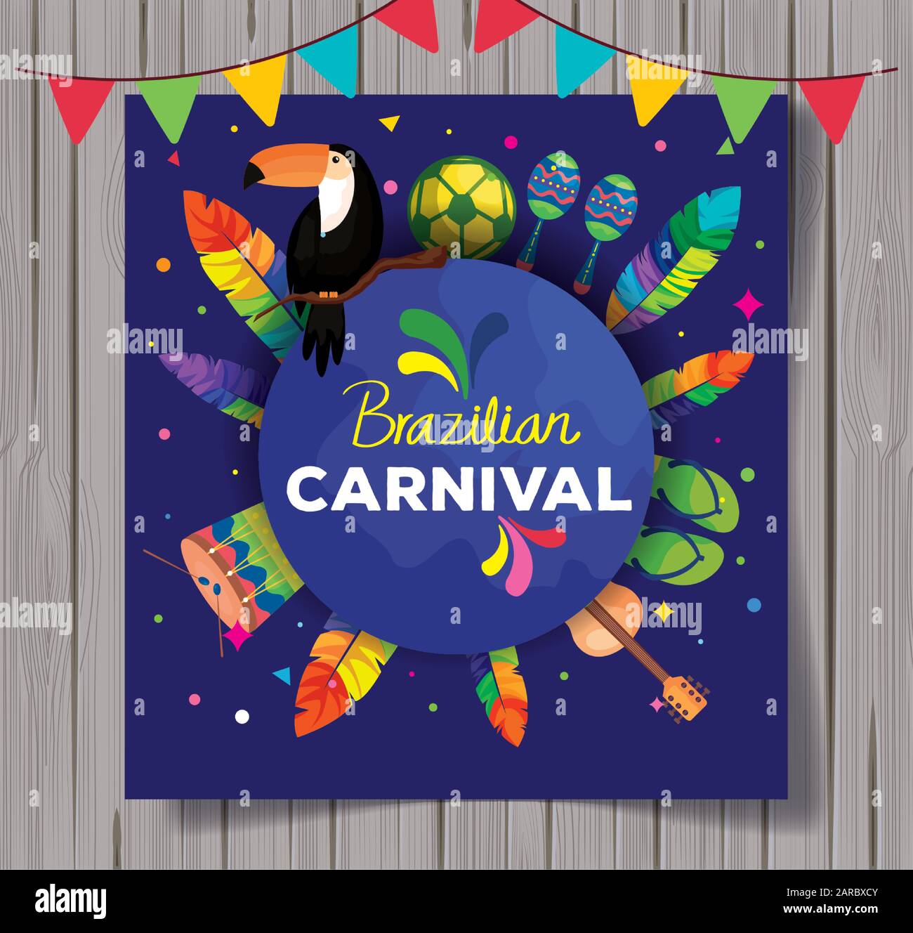 cartel del carnaval brasileño y marco circular con iconos tradicionals  Imagen Vector de stock - Alamy