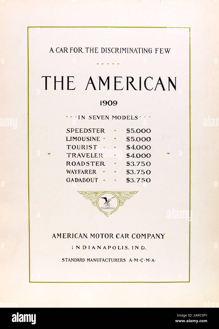 El catálogo comercial American, Vintage CAR, página de título con modelos y lista de precios, ilustración 1909 Foto de stock