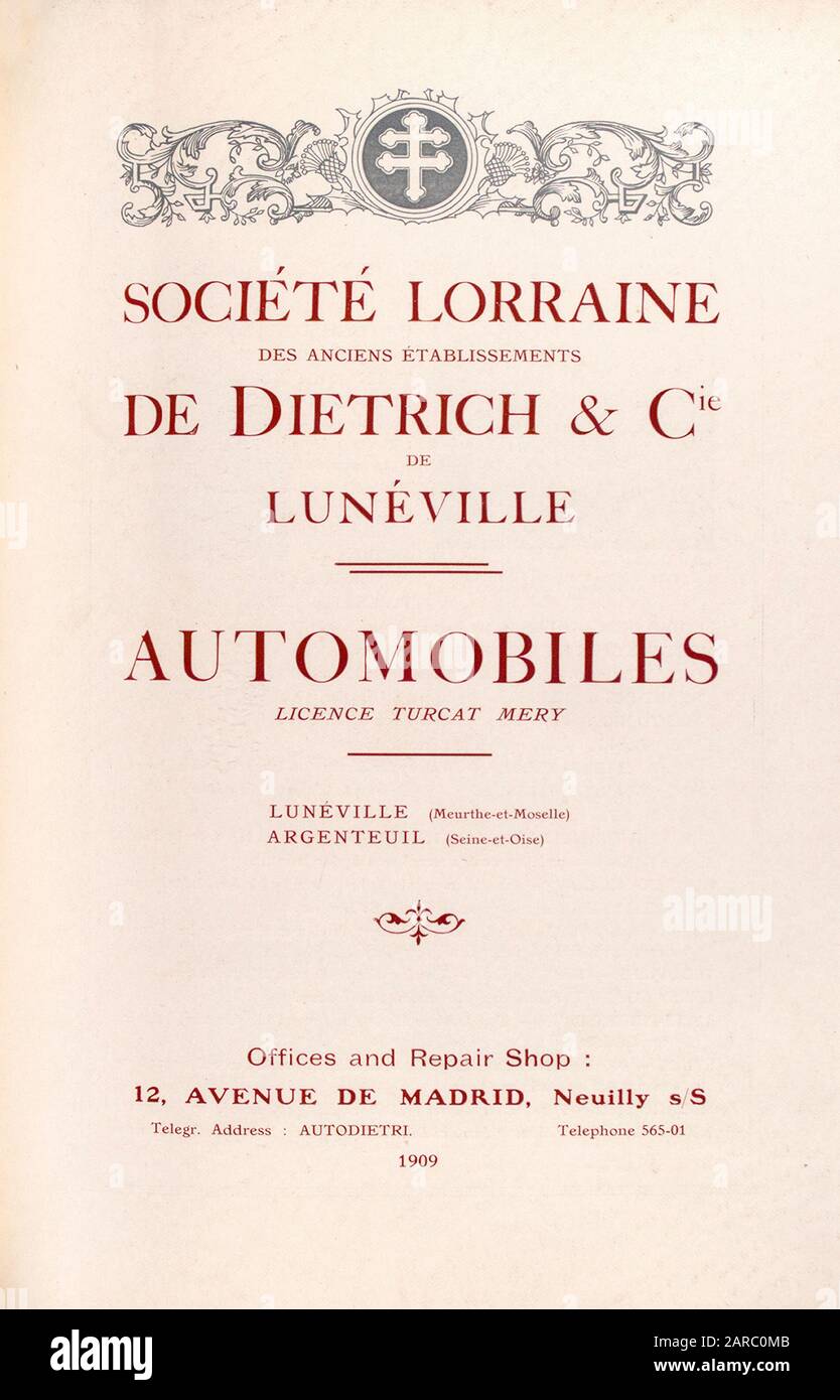 Lorraine Diétrich Automobiles, catálogo de automóviles antiguos, página de título, ilustración, 1909 Foto de stock