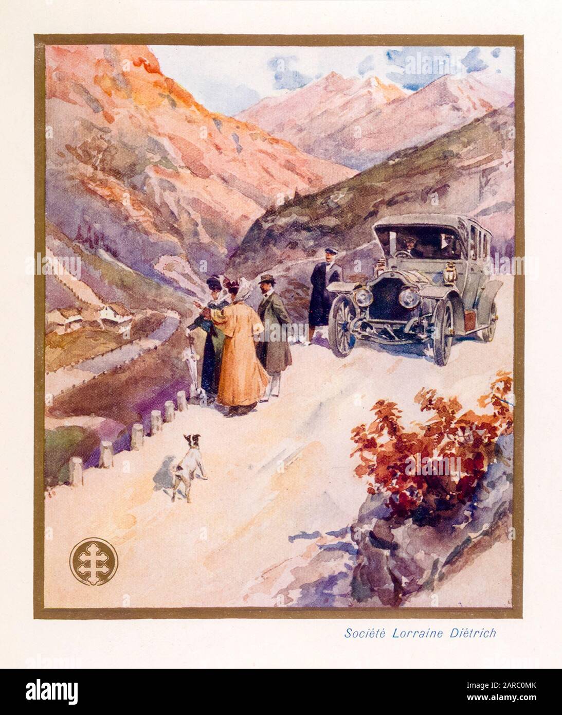 Lorraine Diétrich Automobiles, Vintage Car en las montañas, ilustración promocional 1909 Foto de stock