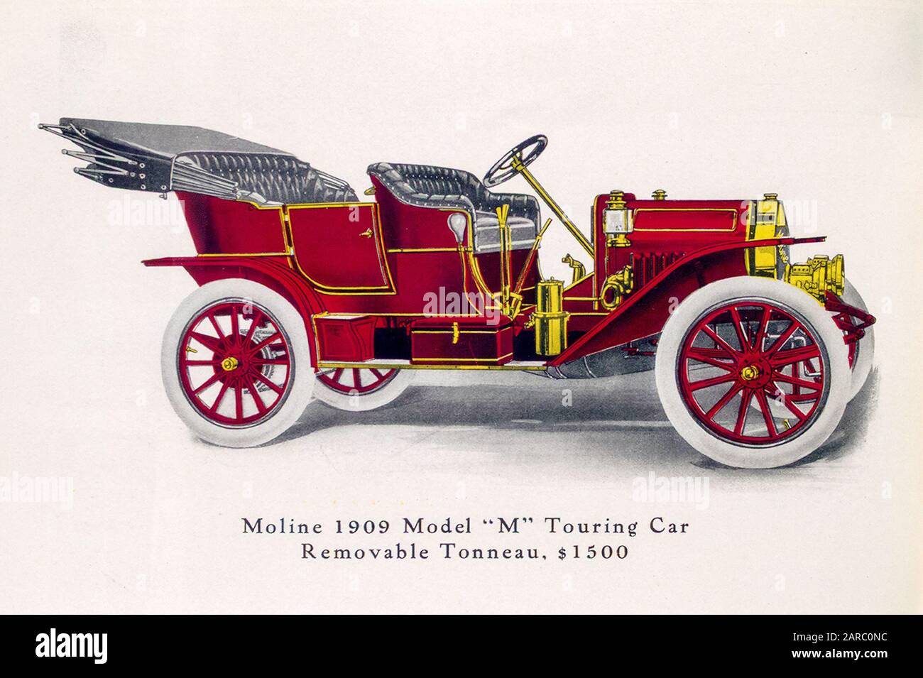 Coche Vintage, Modelo Moline M coche de Touring, capota desmontable, $1500, ilustración 1909 Foto de stock