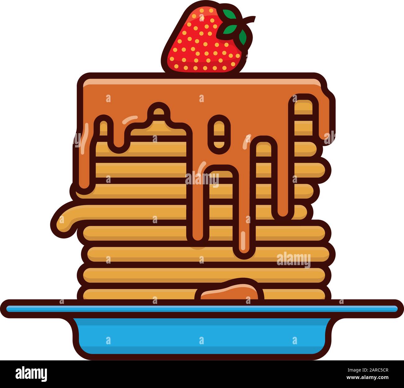 Pila de panqueques con jarabe y fresa en la parte superior ilustración  vectorial aislada para el día de la Pancake. Símbolo de la comida dulce y  del color de los martes de