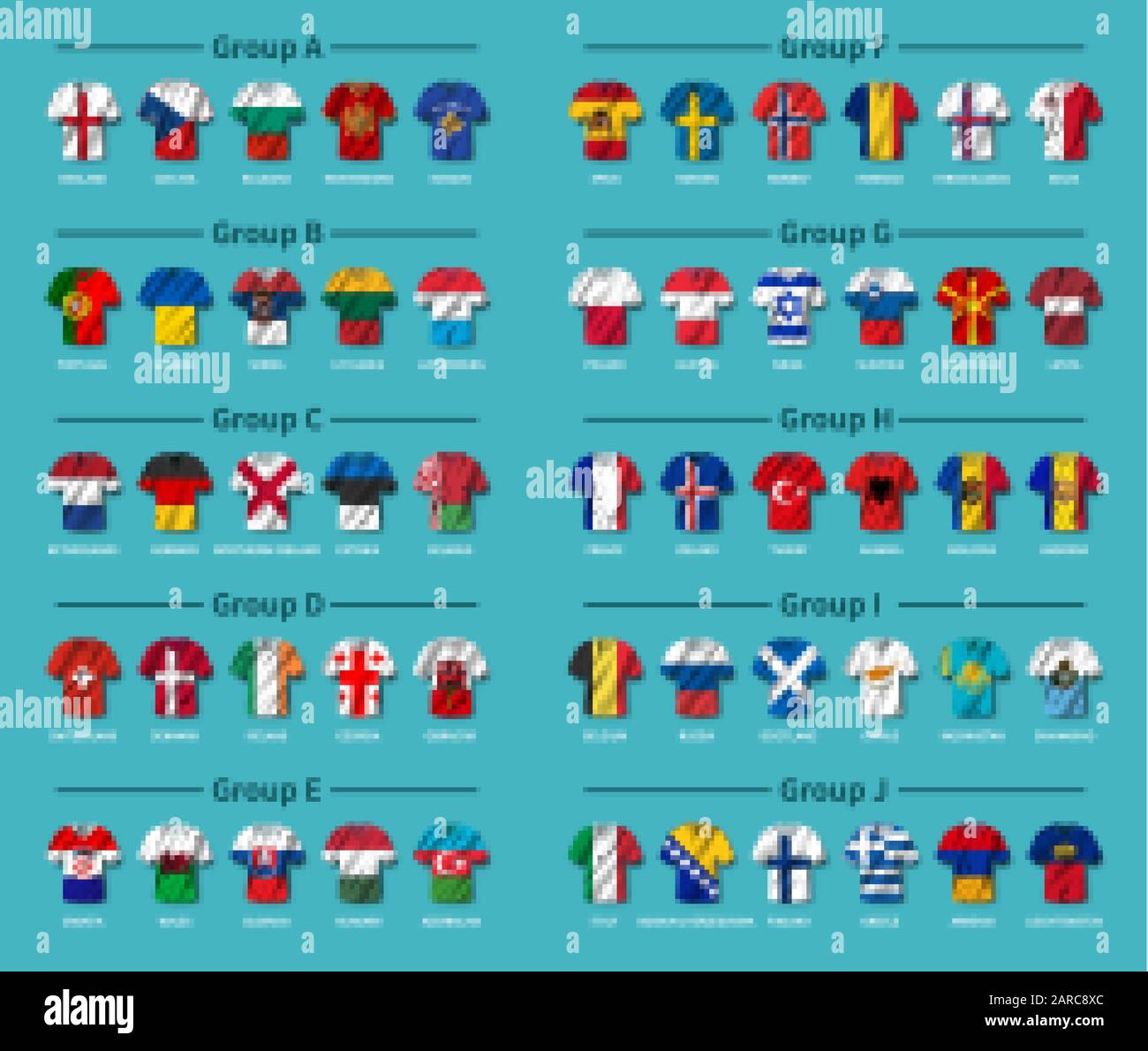 Sorteo Europeo de Fútbol 2020 . Grupo de equipos internacionales . Camiseta  de fútbol con patrón de bandera de país de espeleología . Azul tema negro  Imagen Vector de stock - Alamy