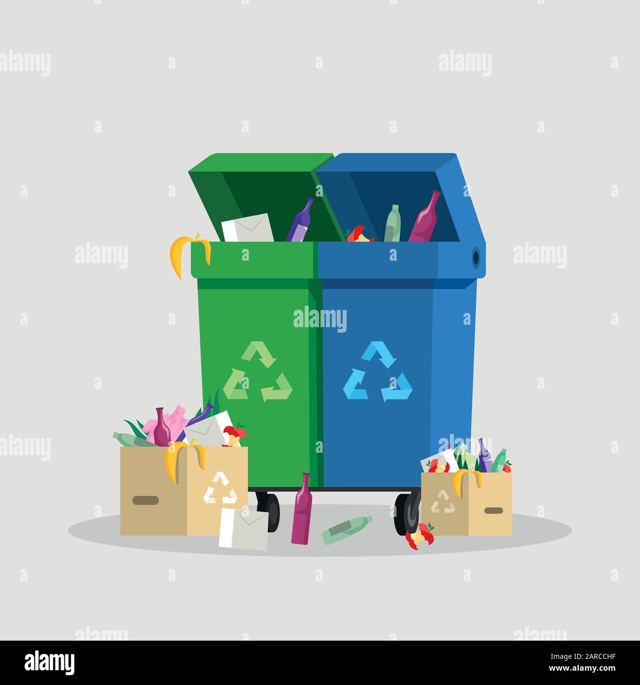 Ilustración vectorial plana de contenedores de basura. Gestión de residuos, reducción y clasificación de basura, latas de basura con señales de reciclaje aisladas sobre fondo blanco. Papeleras llenas de dibujos animados, botes Ilustración vectorial plana de contenedores de basura. Gestión de residuos, reducción y clasificación de basura, latas de basura con señales de reciclaje aisladas sobre fondo blanco. Papeleras llenas de dibujos animados, botes