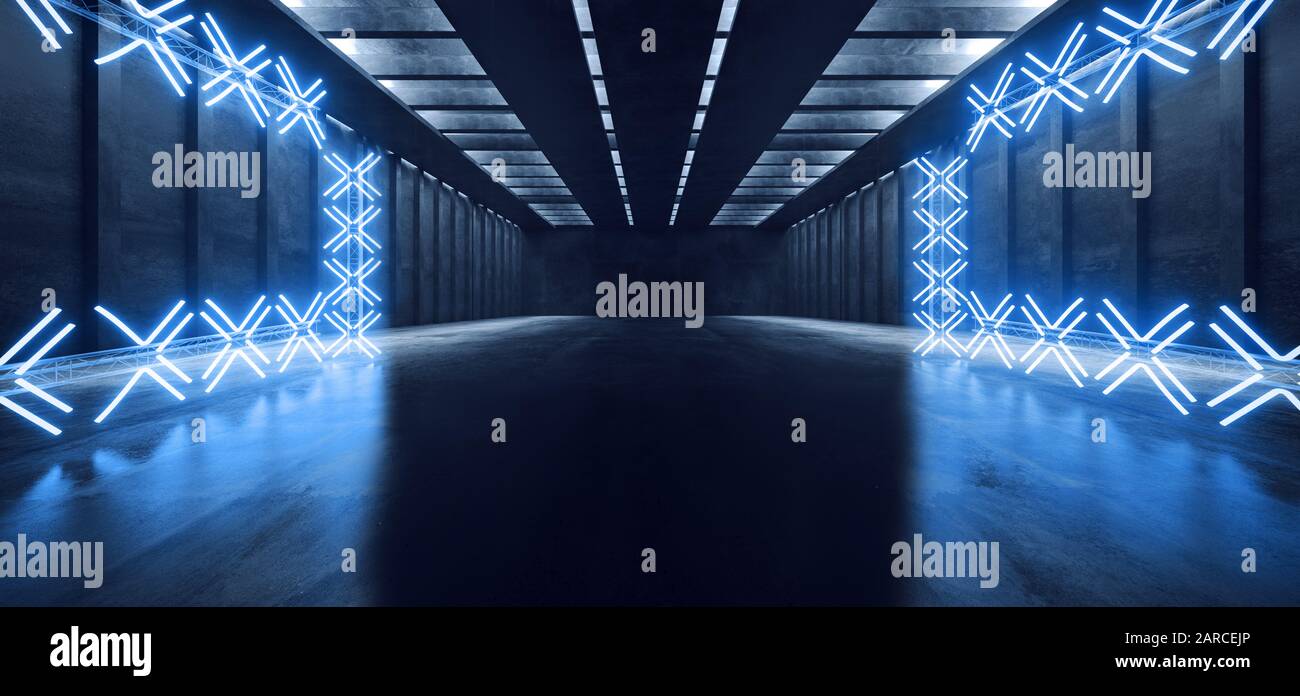 Luces Fluorescentes Láser Azul De Neón Estadio Estadio Estudio Pasillo Pasillo Pasillo Pasillo Pasillo Pasillo Pasillo Concreto Grunge Alien Moderno Vacío Futurista Ciencia Ficción 3d Render Foto de stock