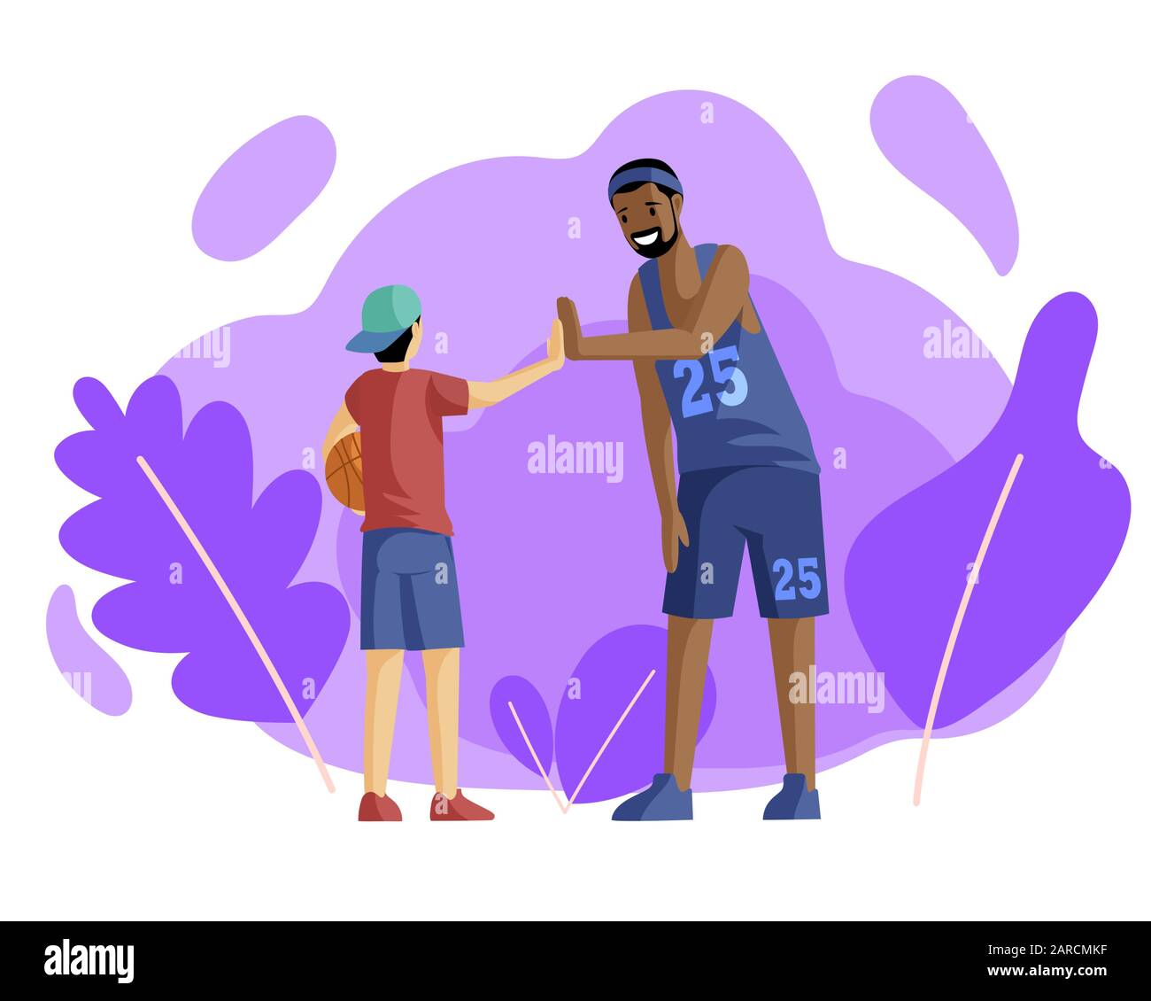 Los jugadores de baloncesto felices que dan cinco altos vectores de  ilustración plana. Entrenamiento deportivo, afición, actividad. Espíritu de  equipo, entrenador en uniforme y pequeño jugador de baloncesto con  personajes de dibujos