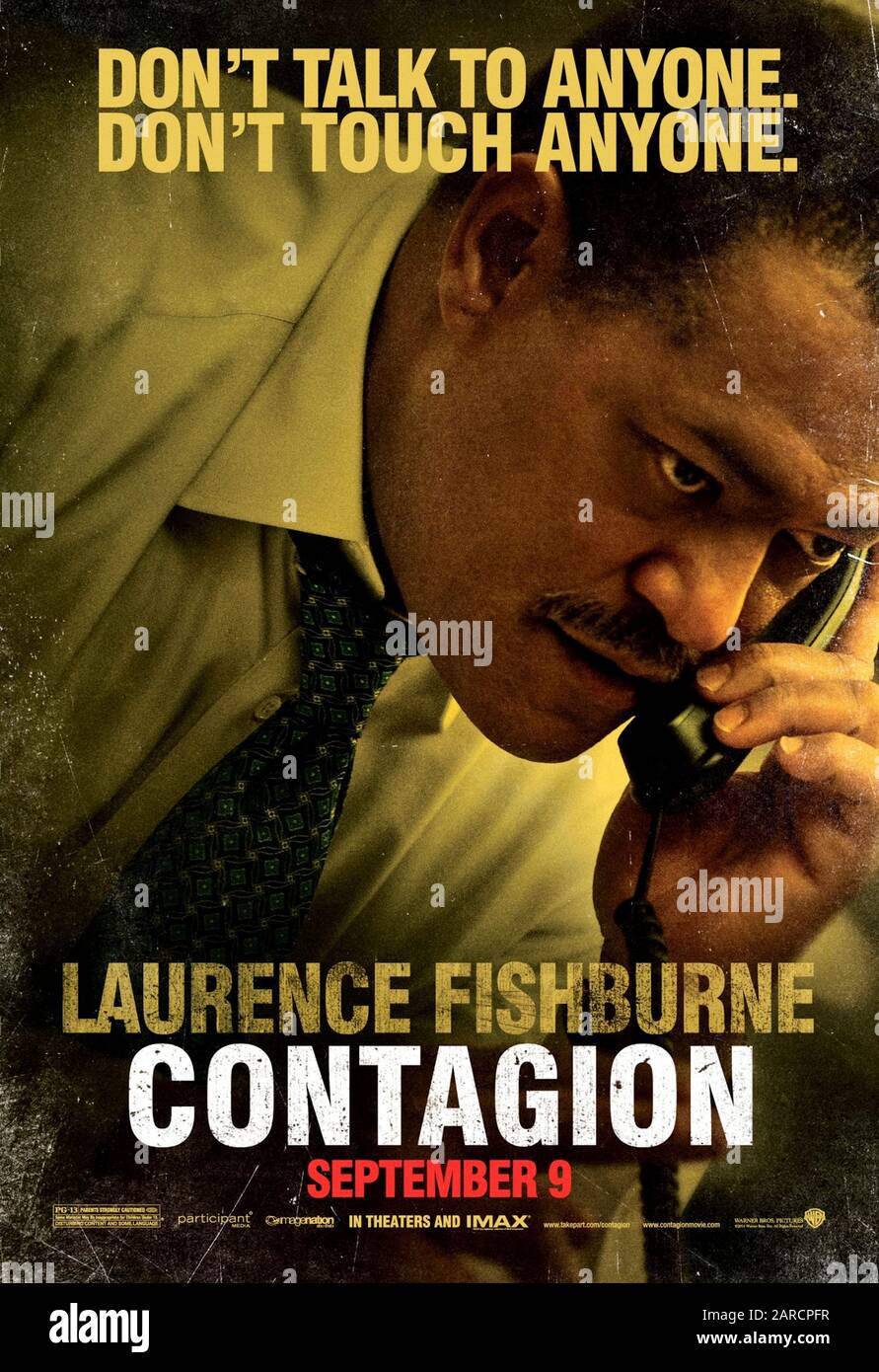 Contagio (2011) dirigido por Steven Soderbergh y protagonizado por Laurence Fishburne como el Dr. Ellis Se Aferra en este retrato preciso de la propagación de un virus mortal y la pandemia resultante. Foto de stock