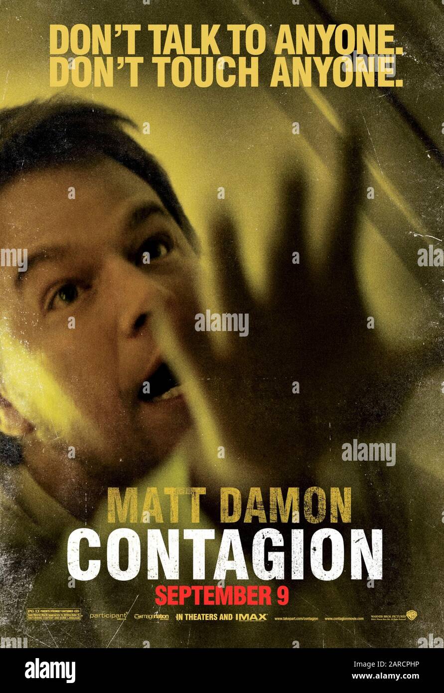 Contagio (2011) dirigido por Steven Soderbergh y protagonizado por Matt Damon como Mitch Emhoff en este retrato preciso de la propagación de un virus mortal y la pandemia resultante. Foto de stock