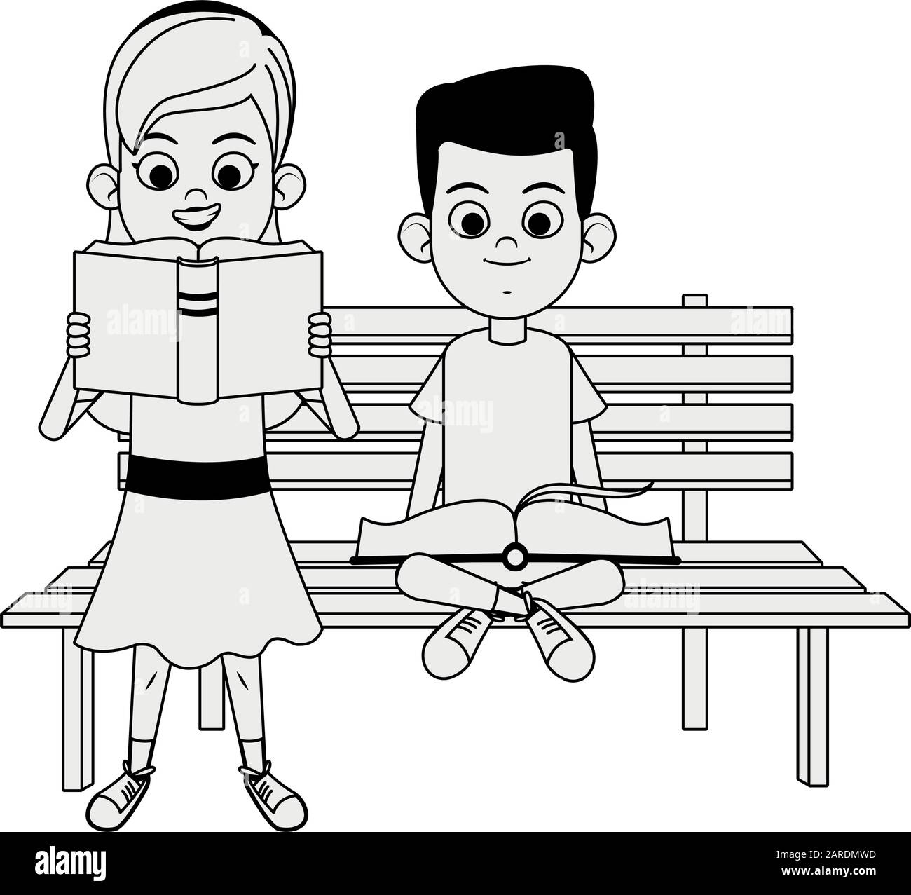 chica de dibujos animados leyendo un libro y un niño sentado en el banco  Imagen Vector de stock - Alamy