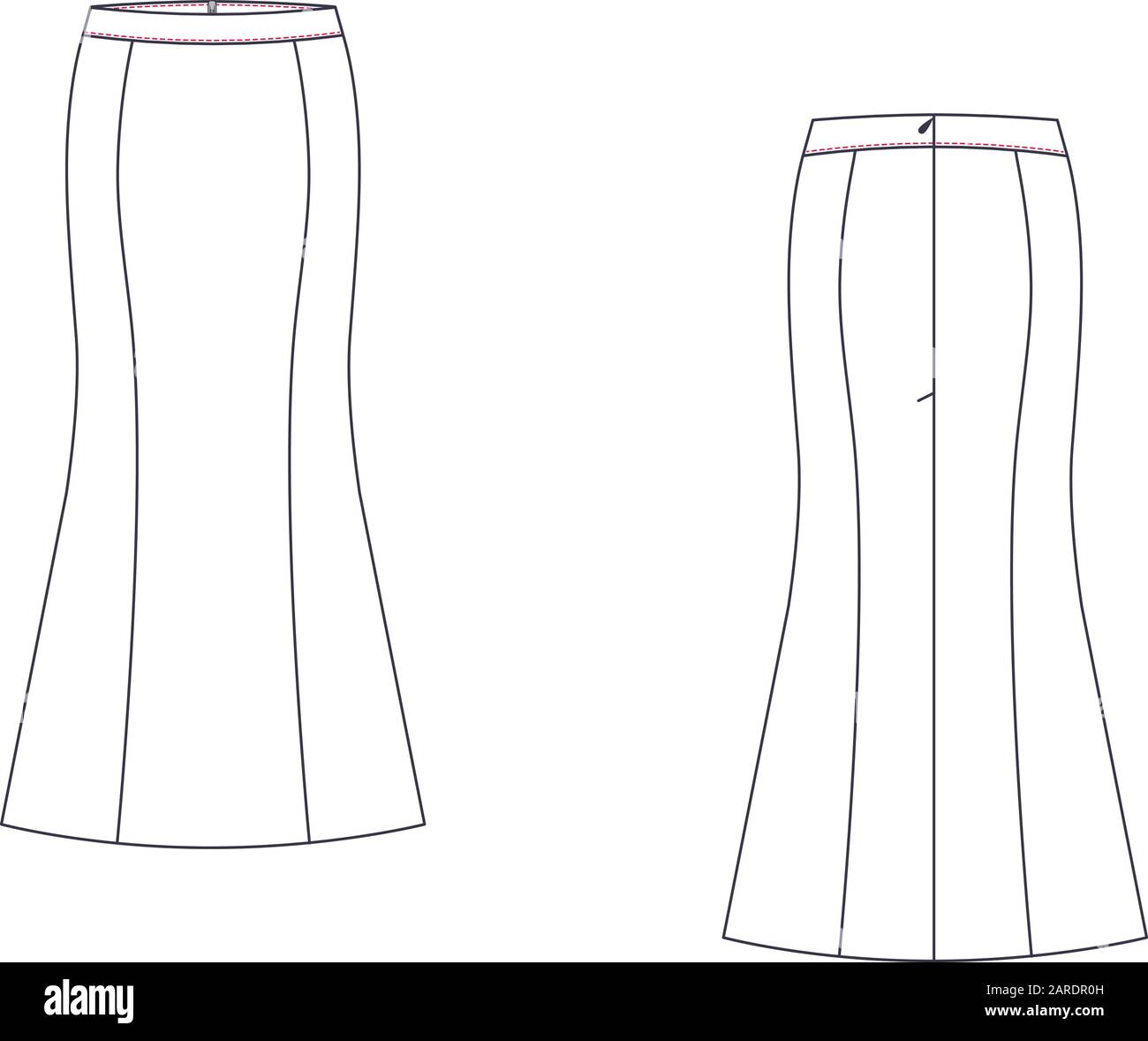 Falda larga con cintura con banda, cierre con cremallera en la espalda y pliegue de espalda. Ilustración del Vector