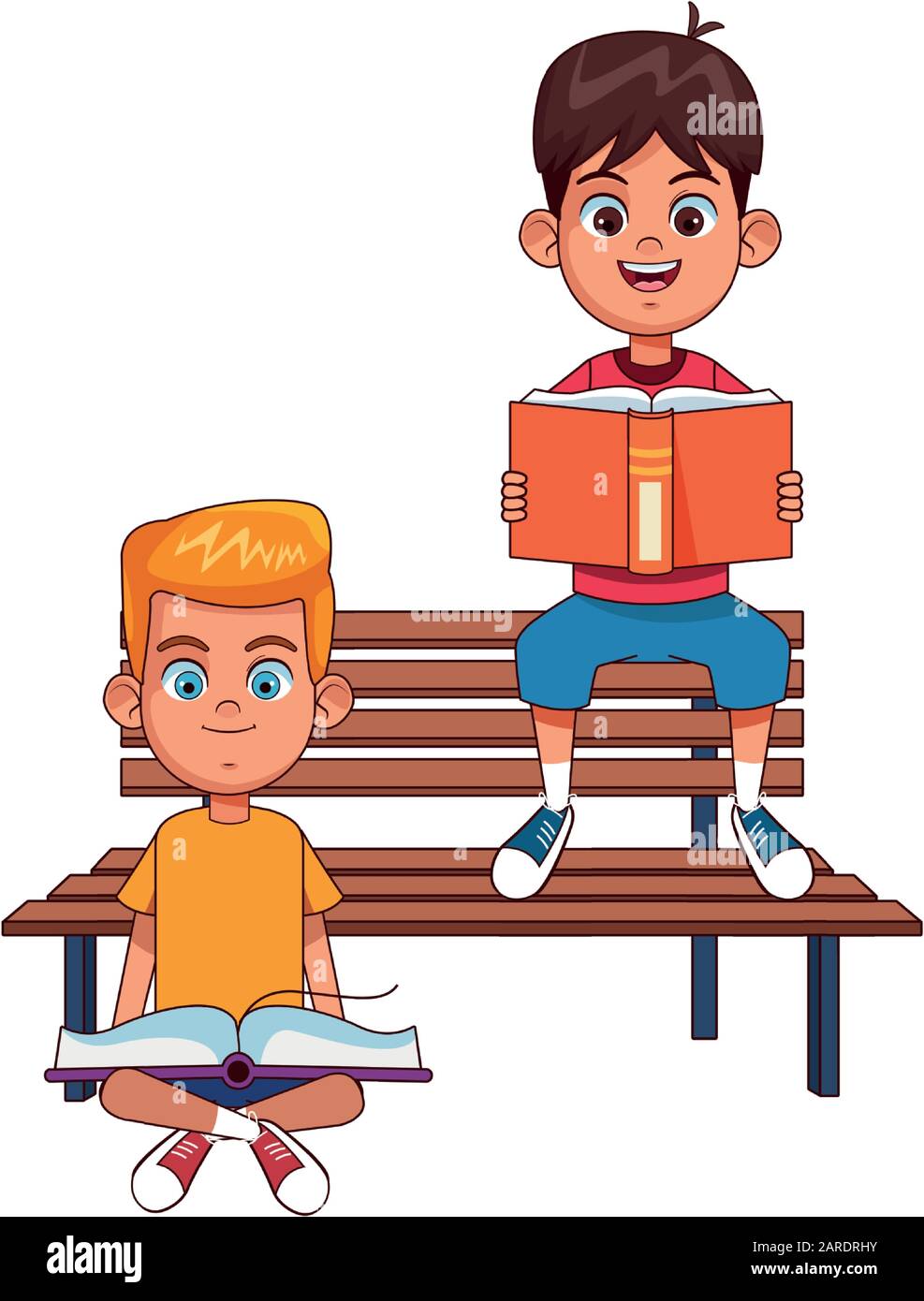 niños de dibujos animados leyendo libros sentados en el banco de parque  Imagen Vector de stock - Alamy