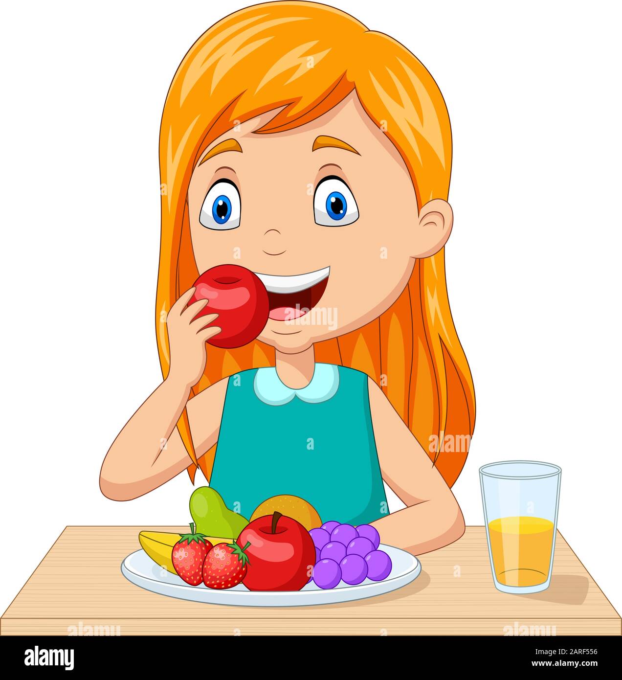 Niña comiendo frutas en la mesa Imagen Vector de stock - Alamy