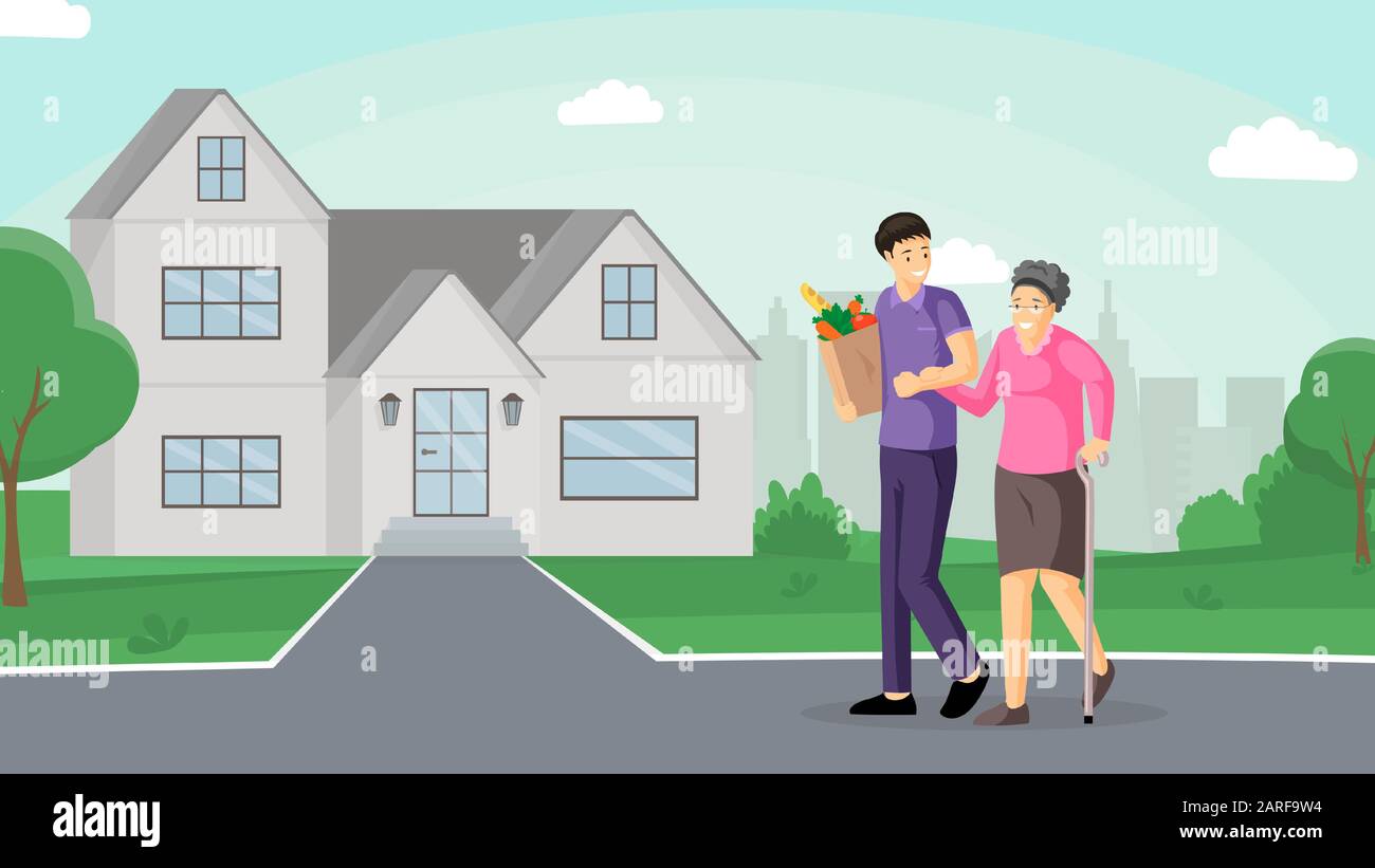 Hijo Ayudando A La Madre Ilustracion De Vector Plano Sonriendo A La Vieja Dama Y Amable Cuidador Caminando Juntos Personajes De Dibujos Animados Joven Que Ayuda A La Mujer De Edad A