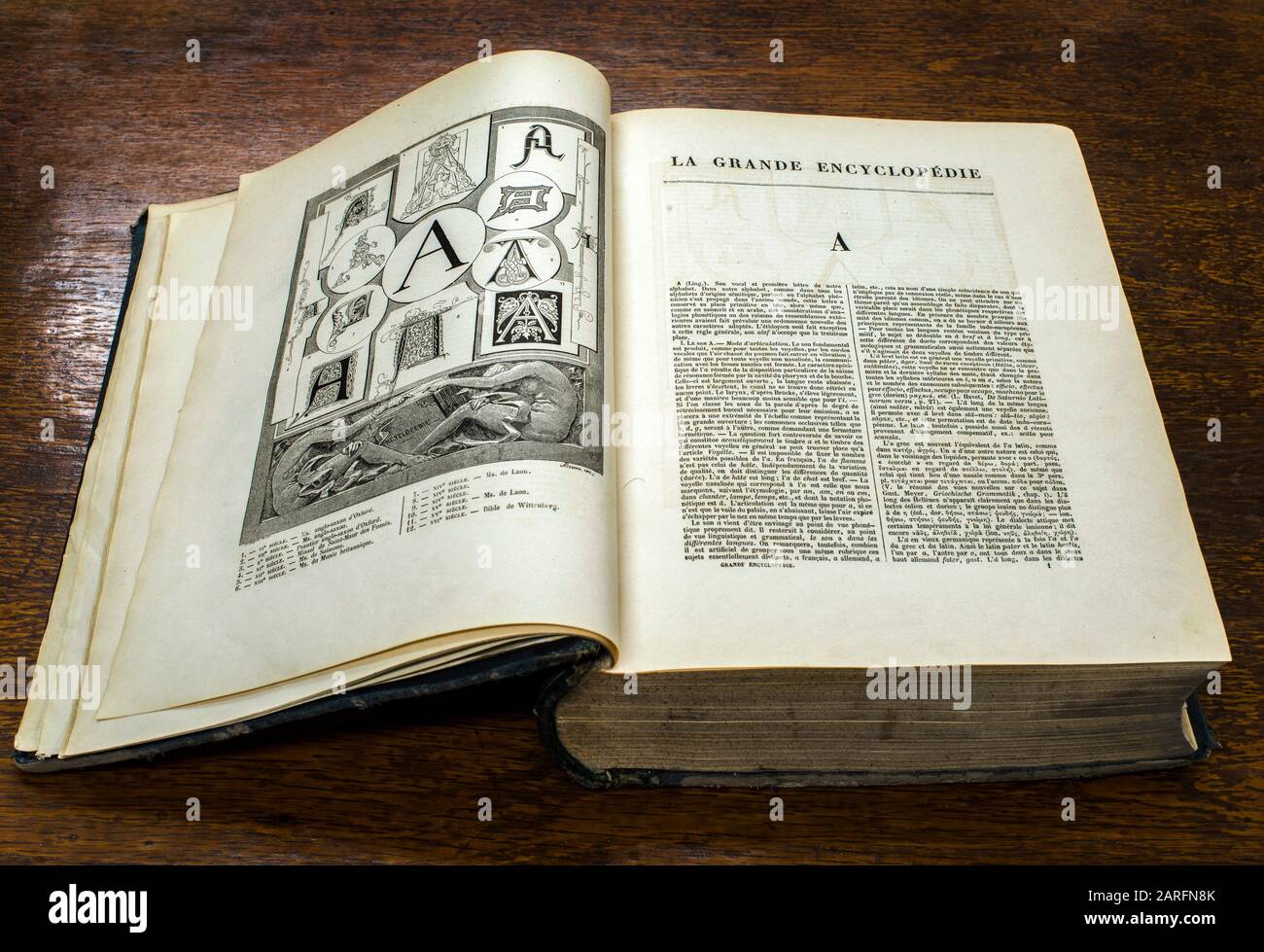Abrir libro viejo y grande. Enciclopedia en francés. Foto de stock