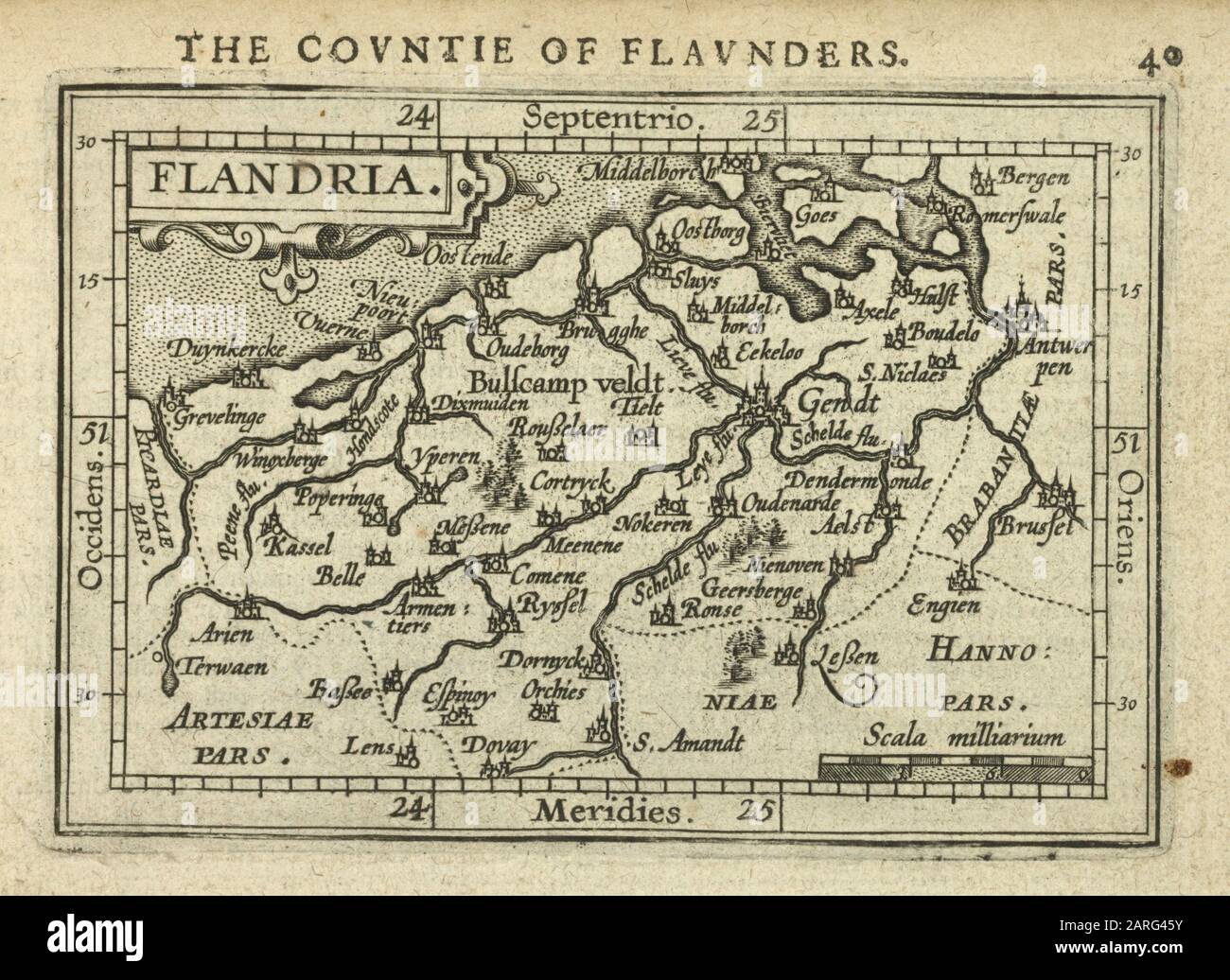 Flandria. Título adicional: El Condado de Flaunders. Ortelius, Abraham (1527-1598) (Cartógrafo) Coignet, Michel (1549-1623 ) (Editor) Shwe, James Foto de stock