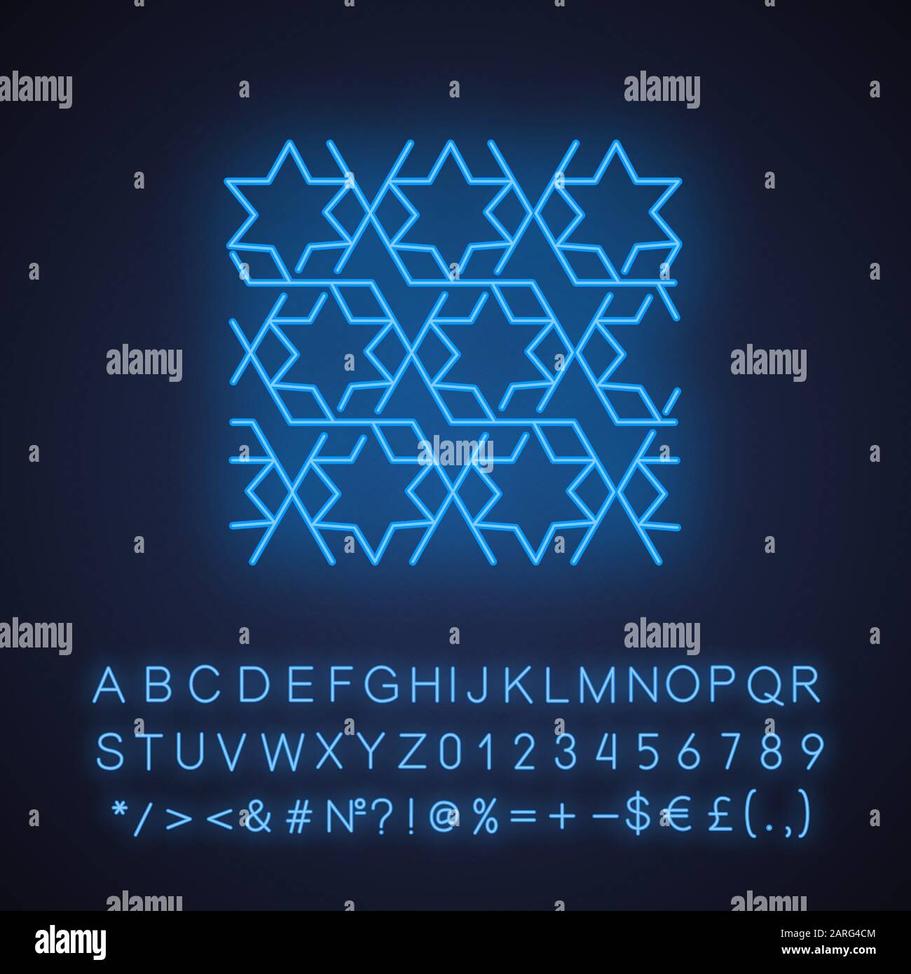 Adorno geométrico neón icono de luz. Decoración estrella de seis esquinas en hexágono. Elemento decorativo. Forma abstracta repetida. Signo resplandeciente con alfabeto, nu Ilustración del Vector