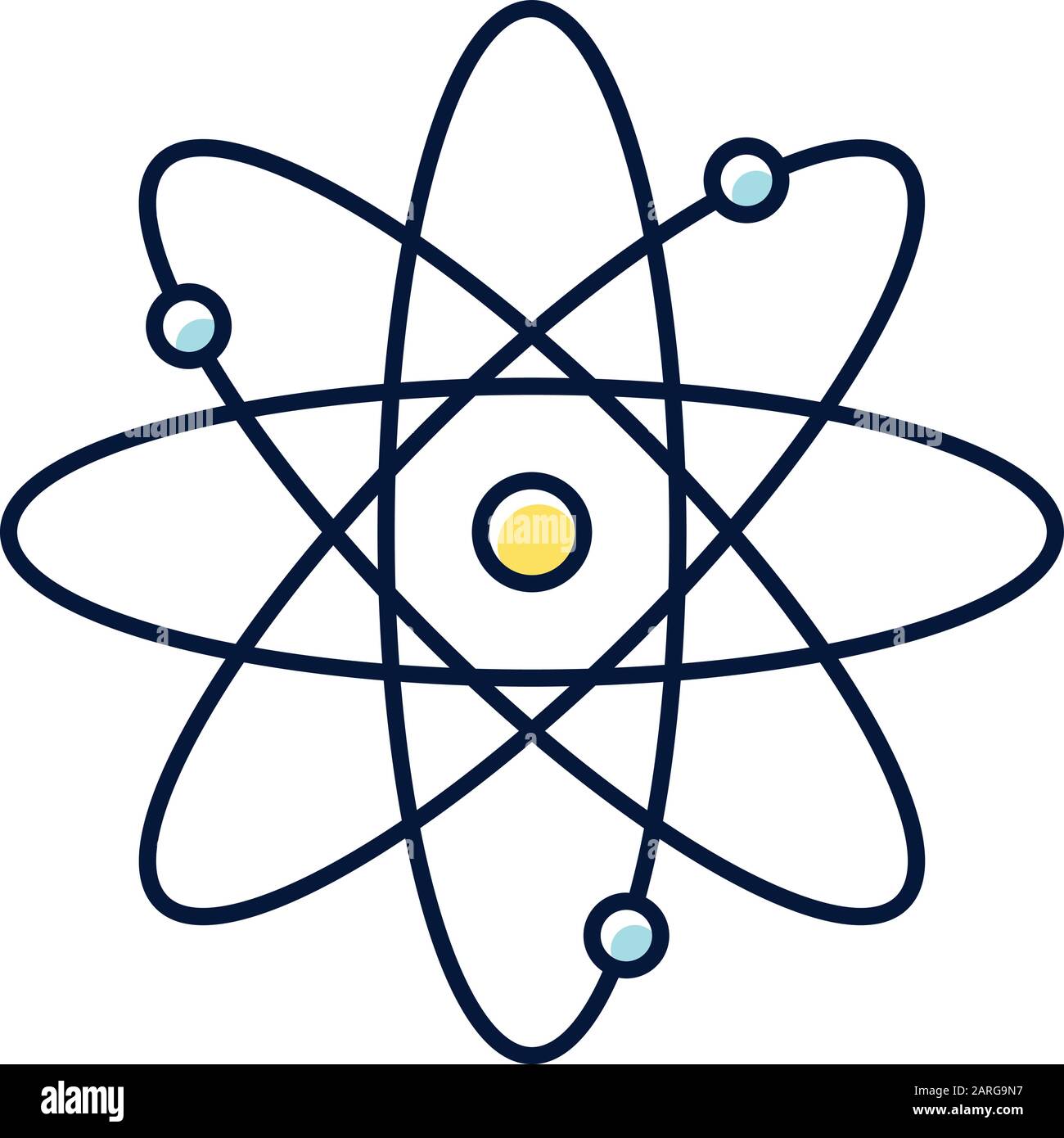 Icono de color de átomo de molécula. Fuente de energía nuclear. Núcleo Atom  con órbitas de electrones. Símbolo de la ciencia. Física cuántica. Modelo  de partícula. Químico orgánico Imagen Vector de stock -