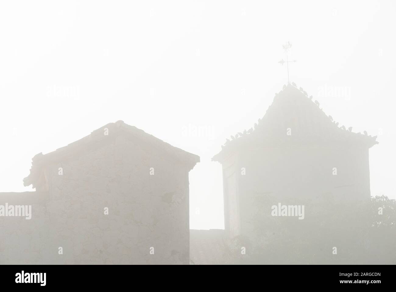 Techos, veleta y palomas con niebla. Almansa, Provincia De Albacete, España. Foto de stock