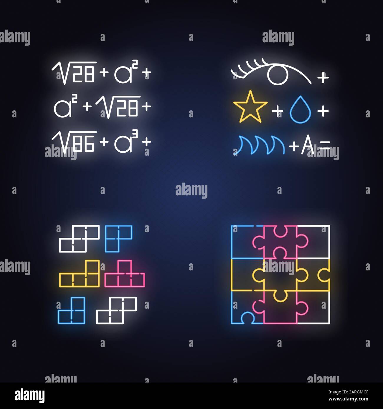 Rompecabezas y adivinanzas luces de neón conjunto de iconos. Rebus