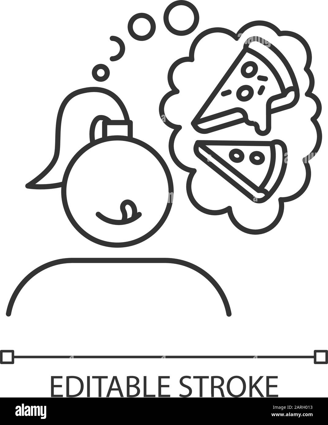 Icono lineal de ansia de pizza. Mujer pensando en la comida rápida. Tratamiento poco saludable. Apetito por la cocina italiana. Ilustración de línea fina. Símbolo de contorno. Vector Ilustración del Vector